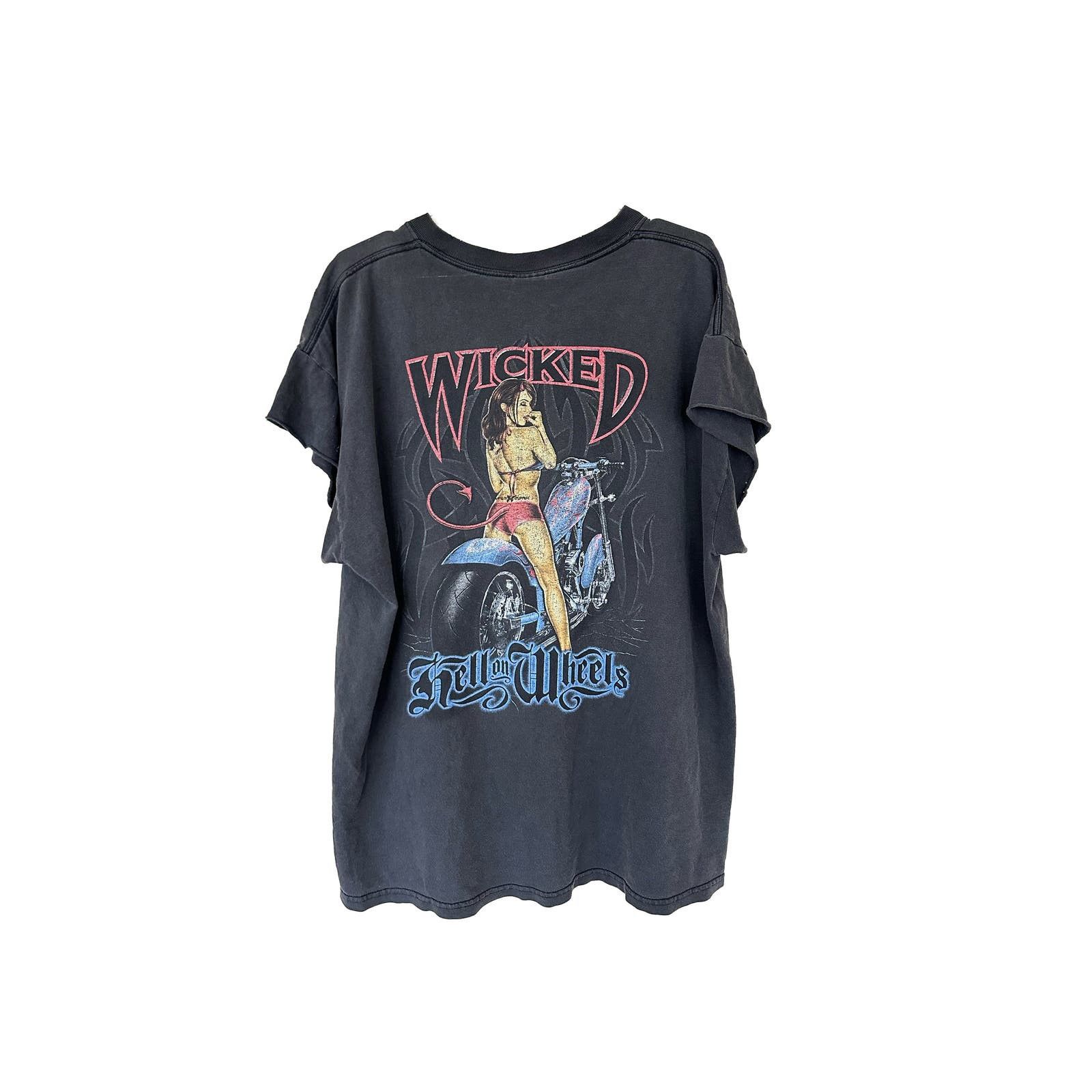 image of Vintage Wicked Hell On Wheels Woman Motorcycle Tee in Black, Men's (Size Large)