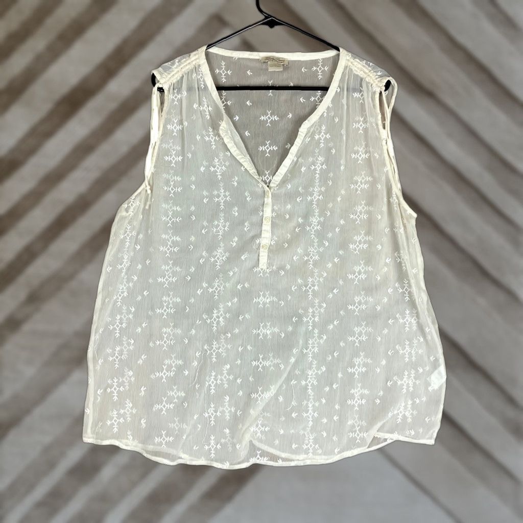 Lucky Brand Lucky Brand Tank Top Womens Ivory Sheer Embroidered Button V-Neck XL Blouse Sleeveless Knit Polyester Casual Boho Solid Lightweight Women Size XL / US 12-14 / IT 48-50 - 1 Thumbnail