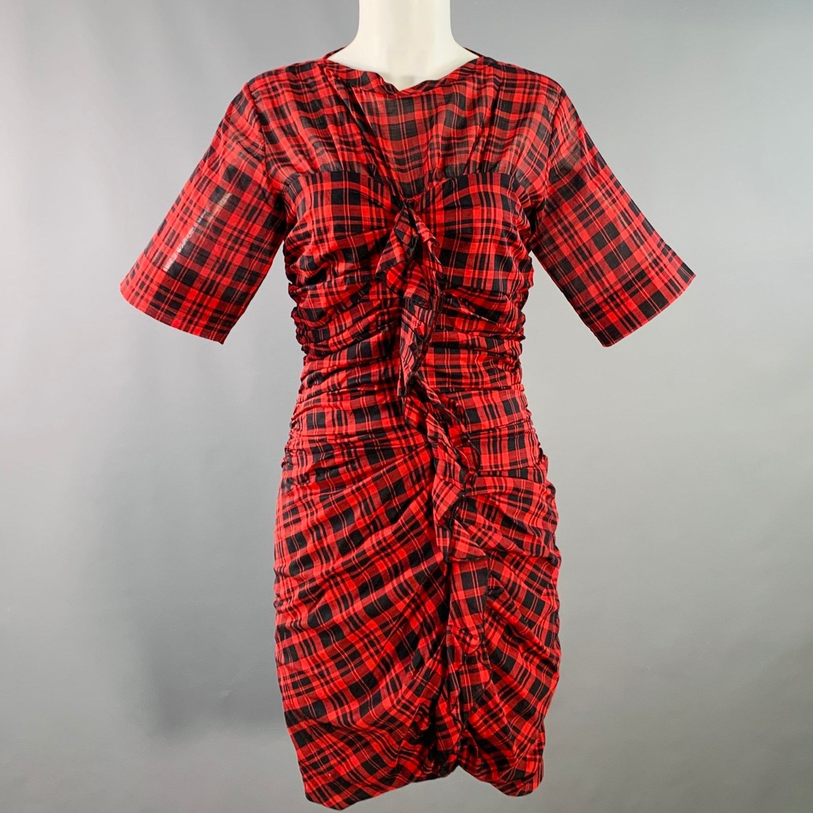 Isabel Marant Etoile Size XS Red Black Cotton Plaid Short Sleeve Ruched Dress Size XS / US 0-2 / IT 36-38 - 1 Thumbnail