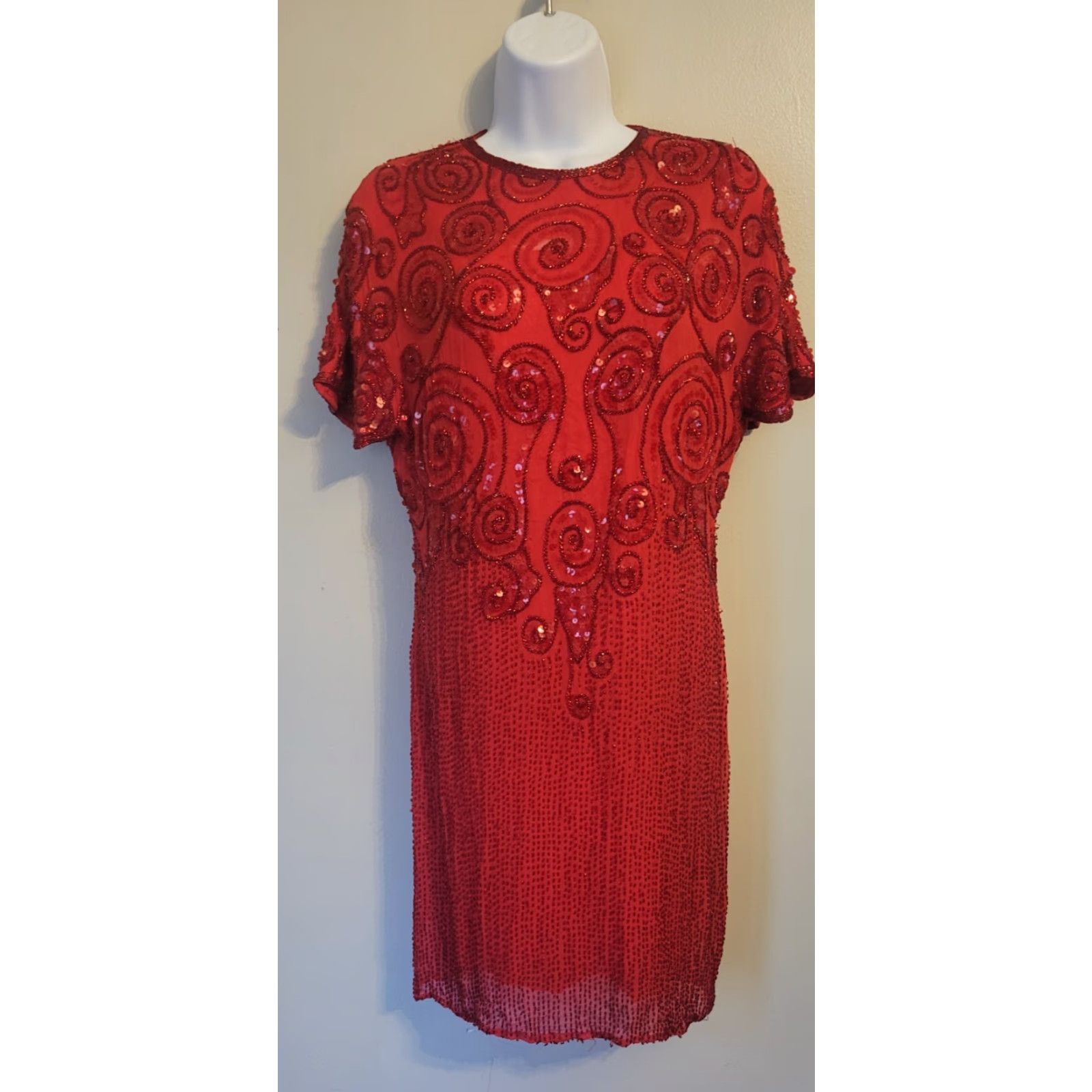 Vintage VINTAGE Niteline Red Beaded Silk Cocktail Dress Sequin Flapper 1980s 6 Mens Womens Girls? Size M / US 6-8 / IT 42-44 - 2 Thumbnail