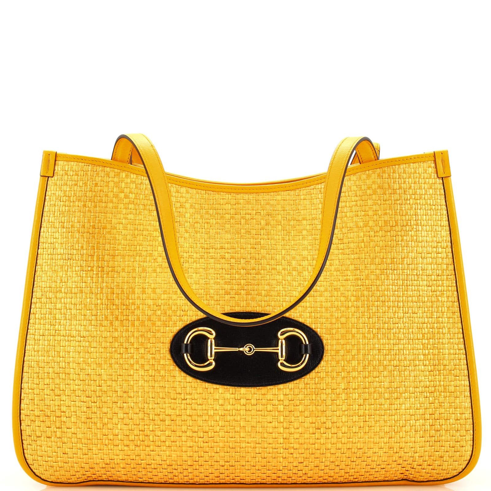 image of Gucci Horsebit 1955 Tote Raffia And Leather Medium in Yellow, Women's