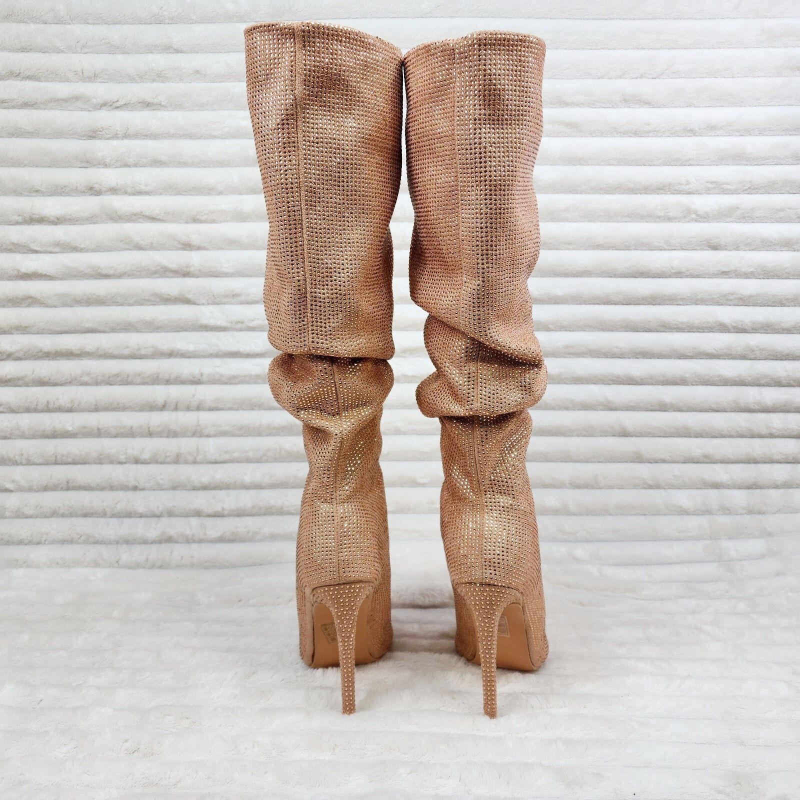 Radiant Nude Beige Rhinestone High Heel Stiletto Slouch Knee