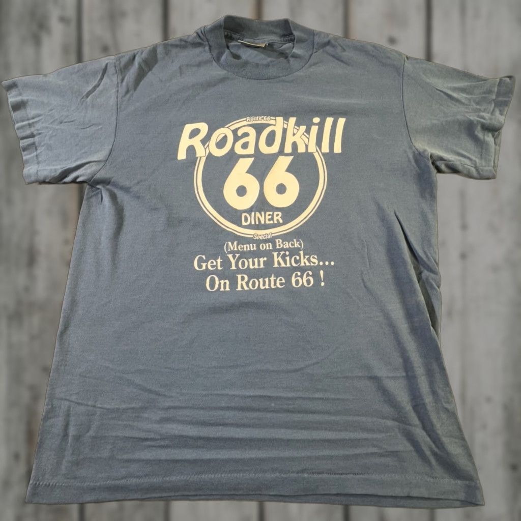 VINTAGE Route 66 Diner Shirt Mens Medium Blue Graphic Tee 90s Roadkill 66 Diner Tee USA 90s Mock Menu Travel Shirt Mens M
