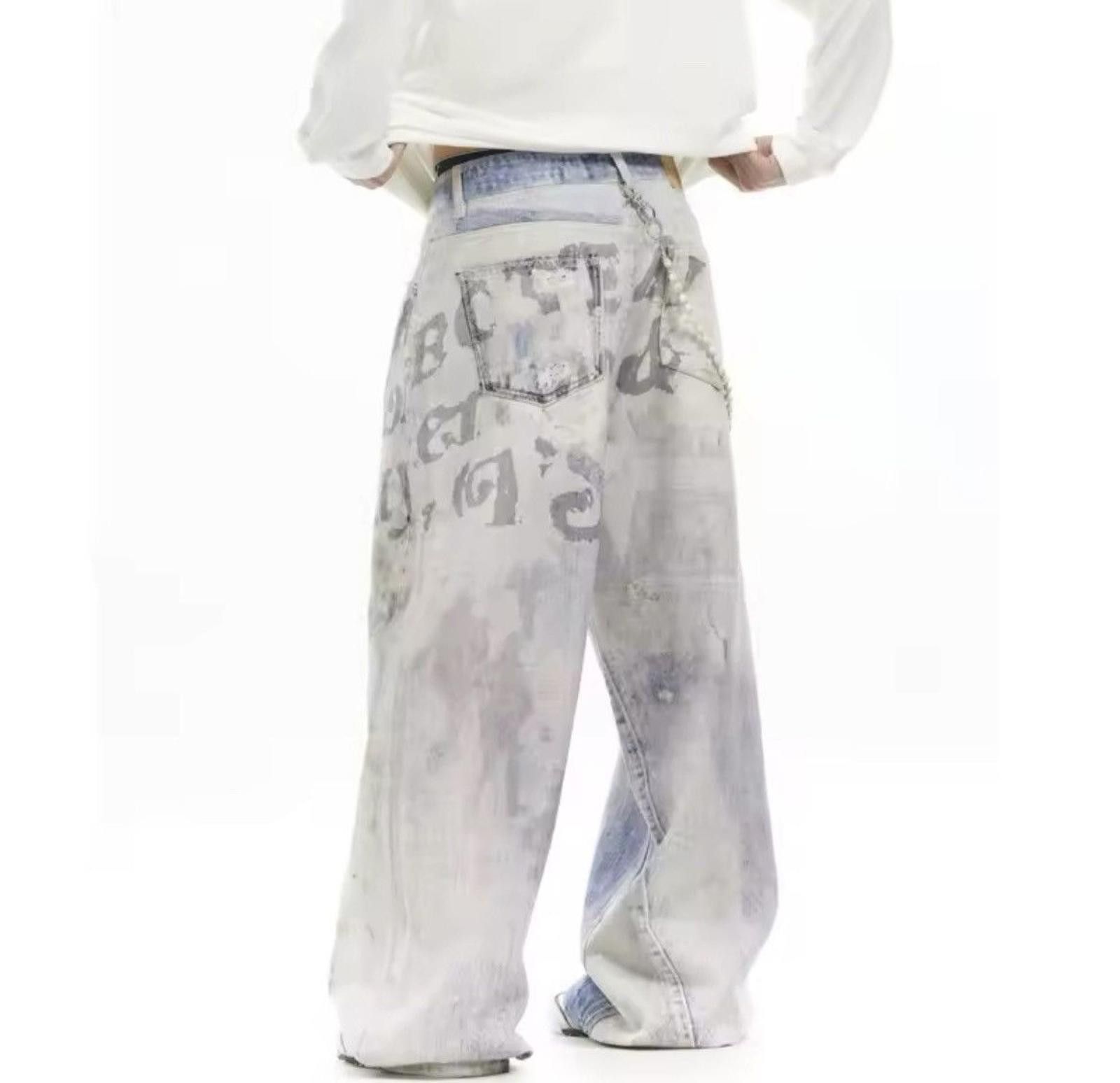Letters Disstressed Washed Wide Leg Jeans
