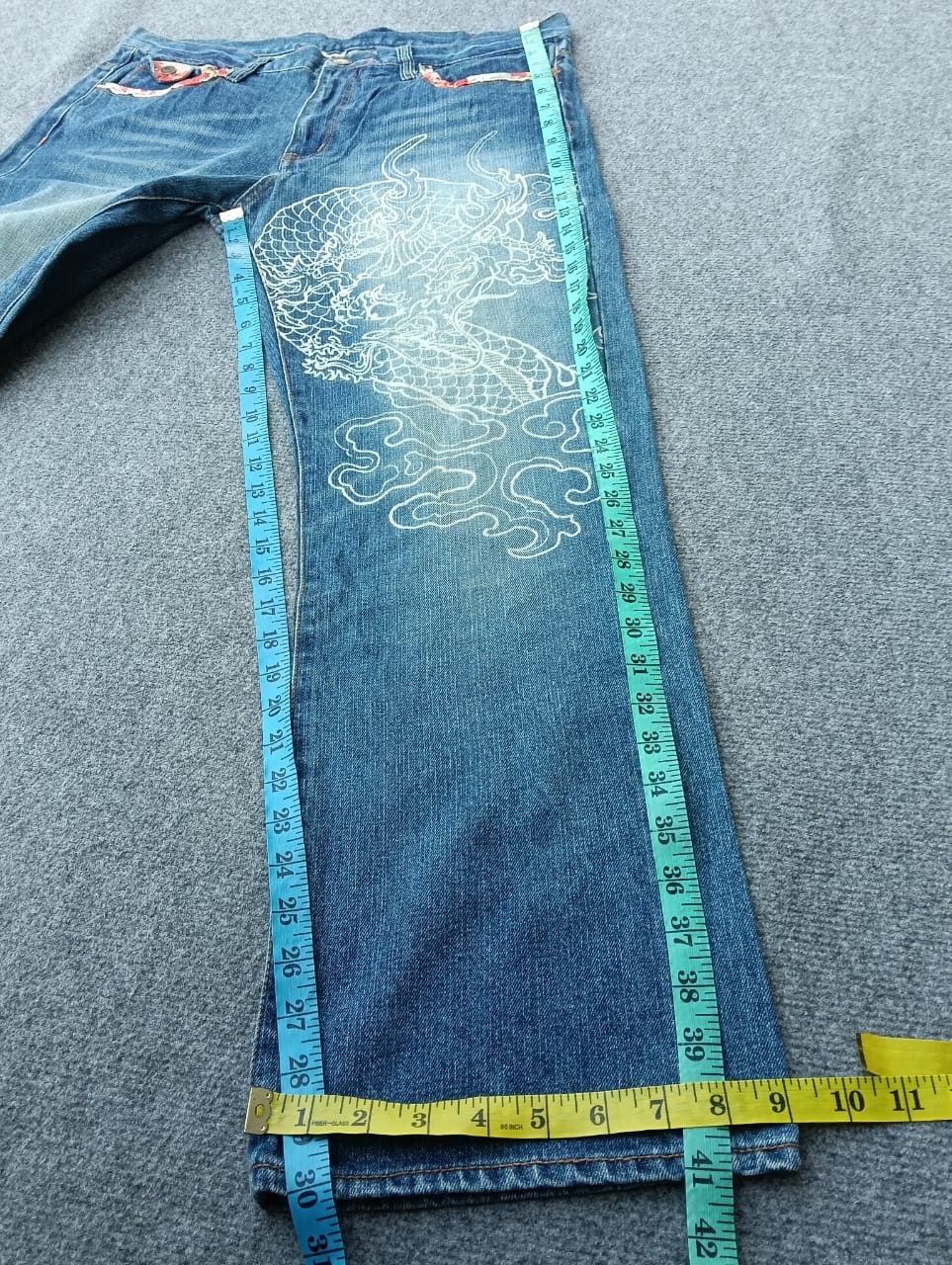 Karakuri Tamashii Japanese Brand Dragon & Great Wave Embroidered Denim Jeans. Size US 36 / EU 52 - 6 Thumbnail