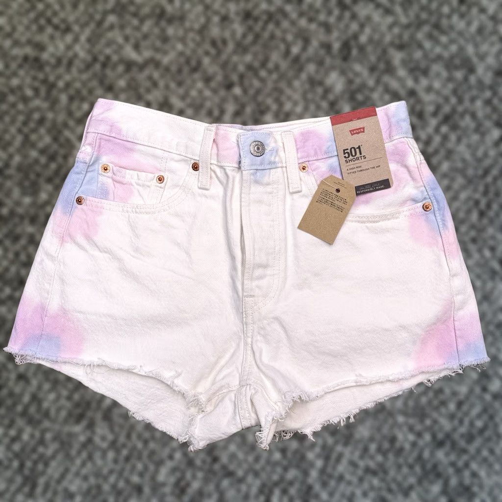 Levi's Levi'S 501 Tie Dye Shorts Womens White Denim Cut Off High Rise 27 Inch Size 27" / US 4 / IT 40 - 1 Thumbnail