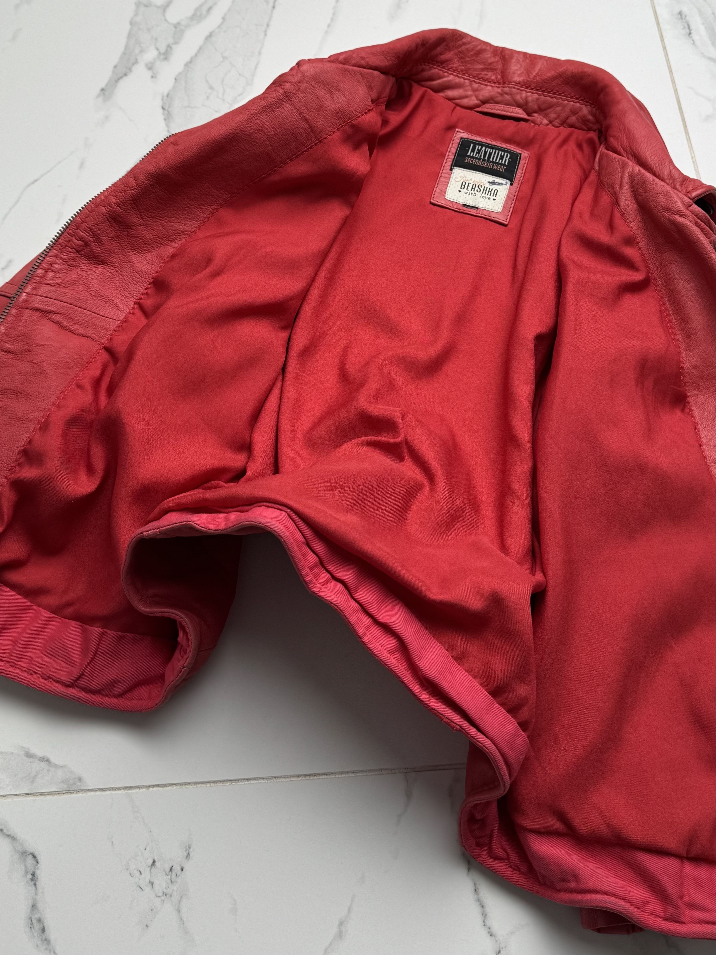 Leather Y2K Red Leather Biker Jacket Cropped Moto Zip Up Slim Fit Size XS / US 0-2 / IT 36-38 - 11 Thumbnail