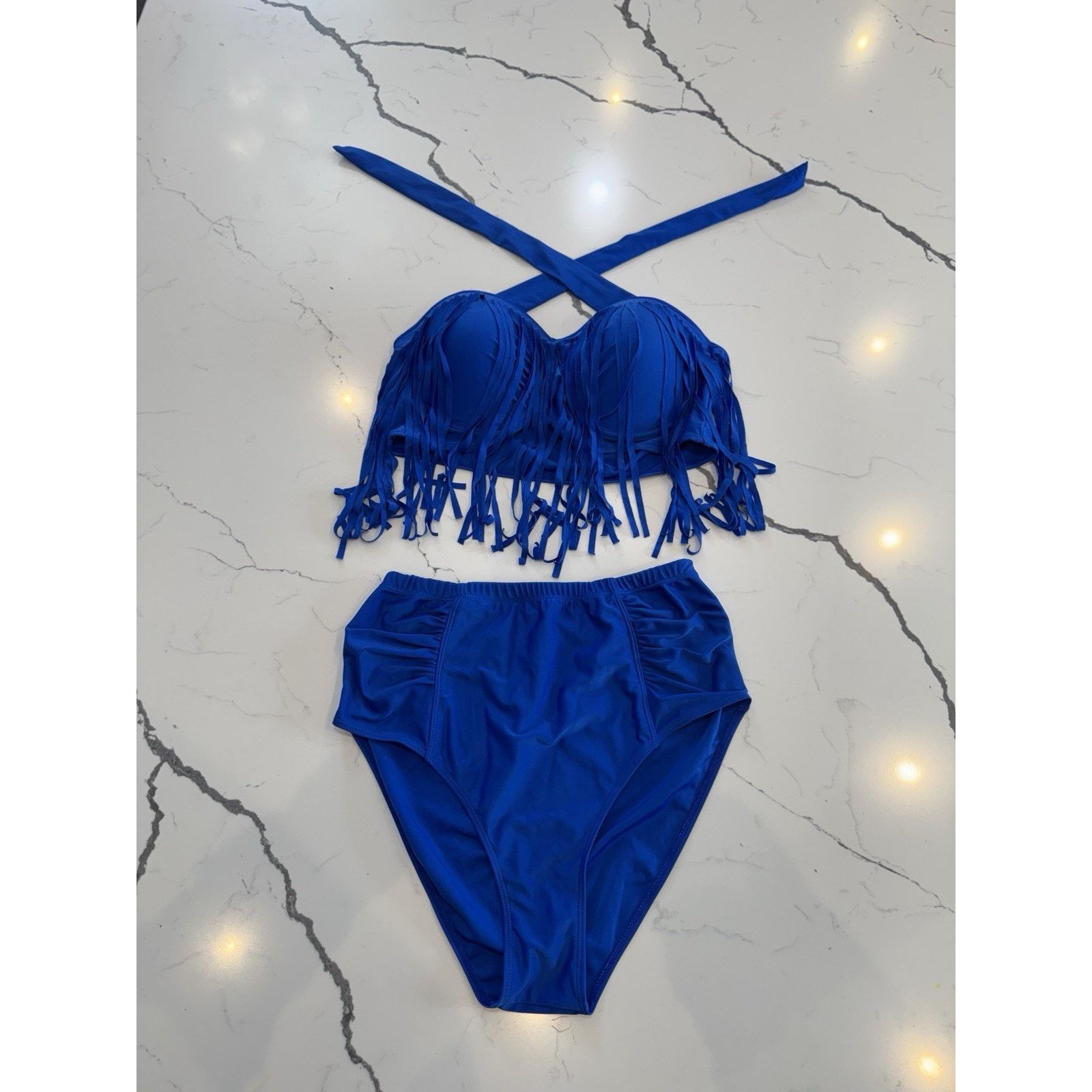 Other Royal Blue Fringe Bikini Set High Waisted Halter Top size L Size ONE SIZE - 1 Thumbnail