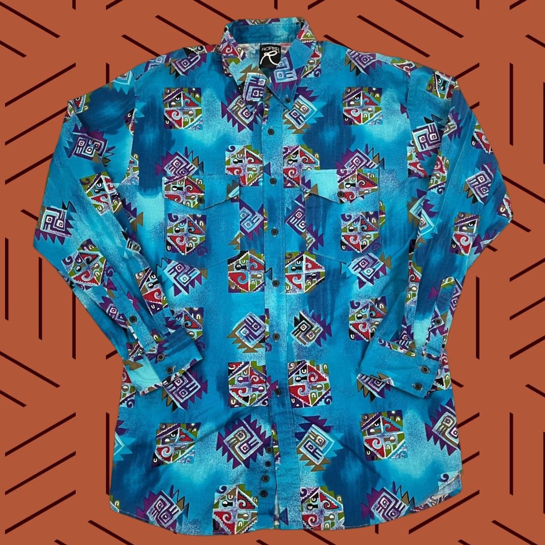 Roper VTG Roper Shirt Mens XL Blue Pearl Snap Aztec Southwestern Rockability Y2K Size US XL / EU 56 / 4 - 1 Thumbnail