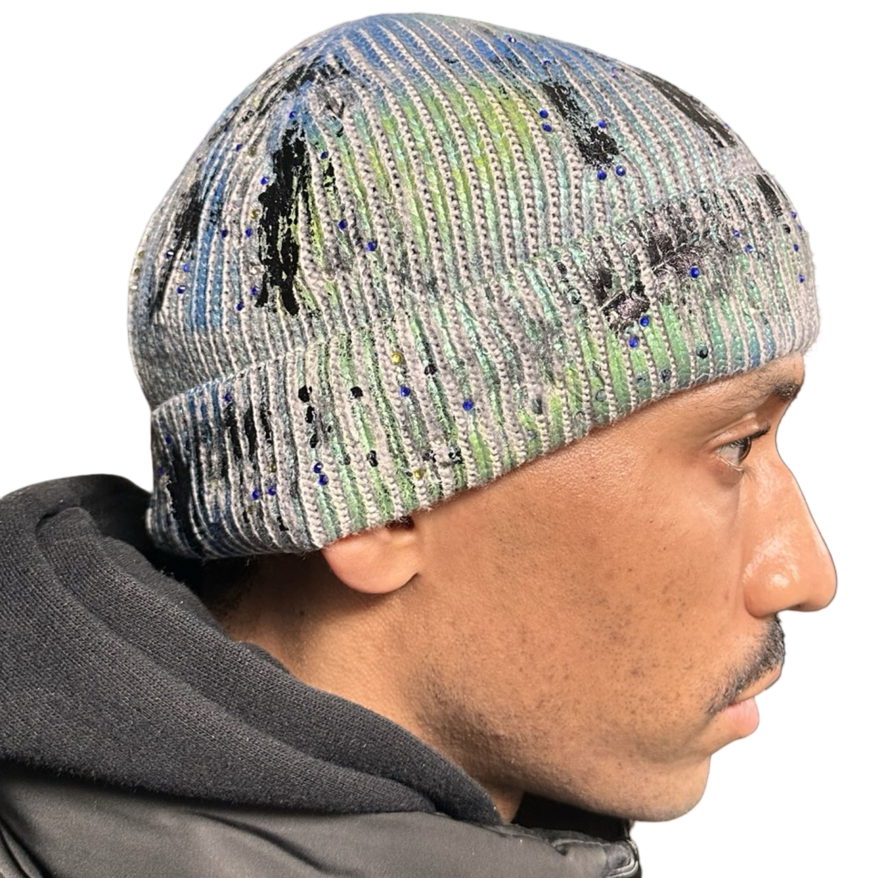 ASTROBOI* Deep Ocean Blue Green Iridescent Rhinestone Beanie