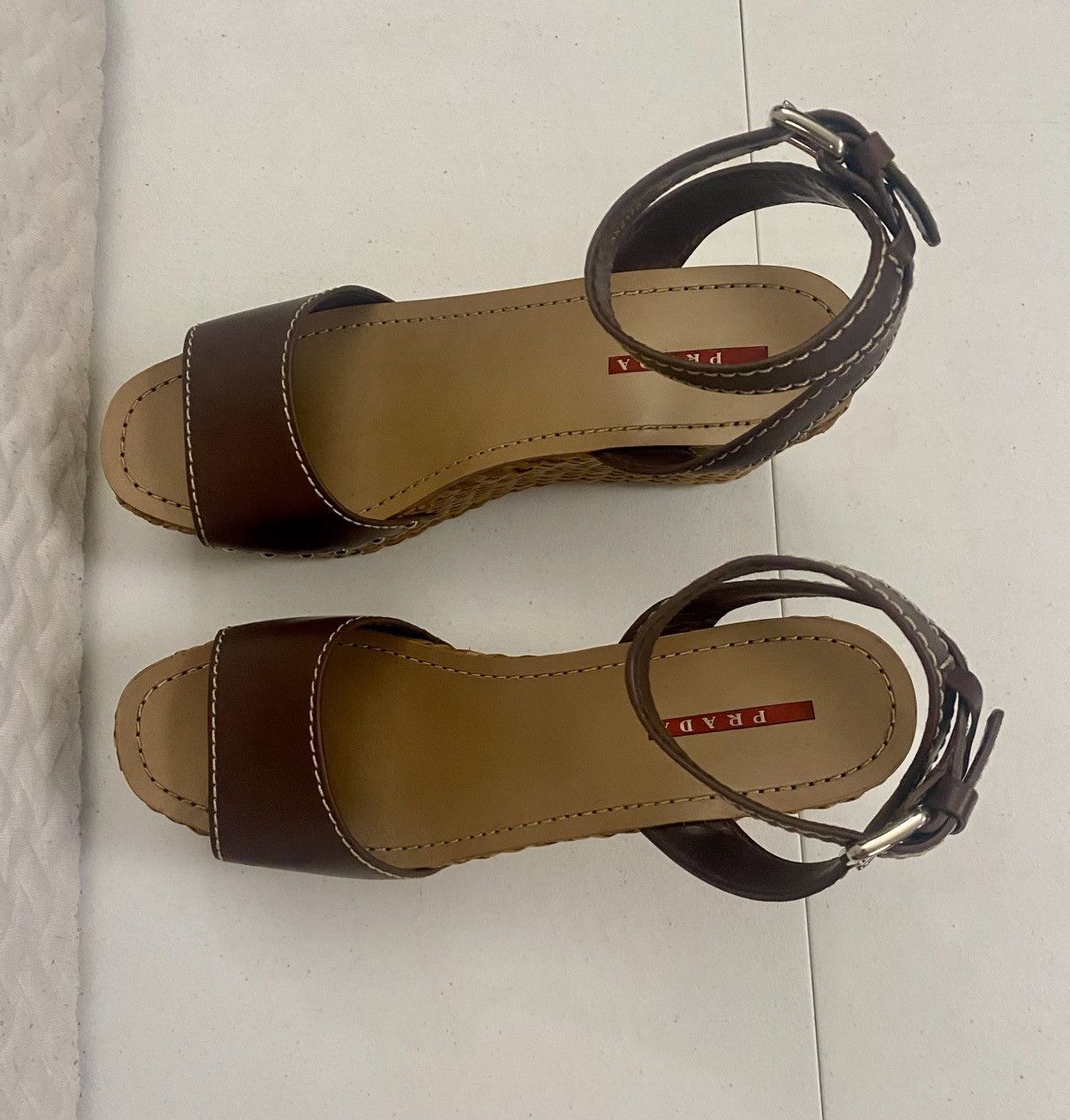 Prada Prada Brown Leather Wicker Wedge Sandals 3XZ175 10 US NEW Size US 10 / IT 40 - 17 Thumbnail