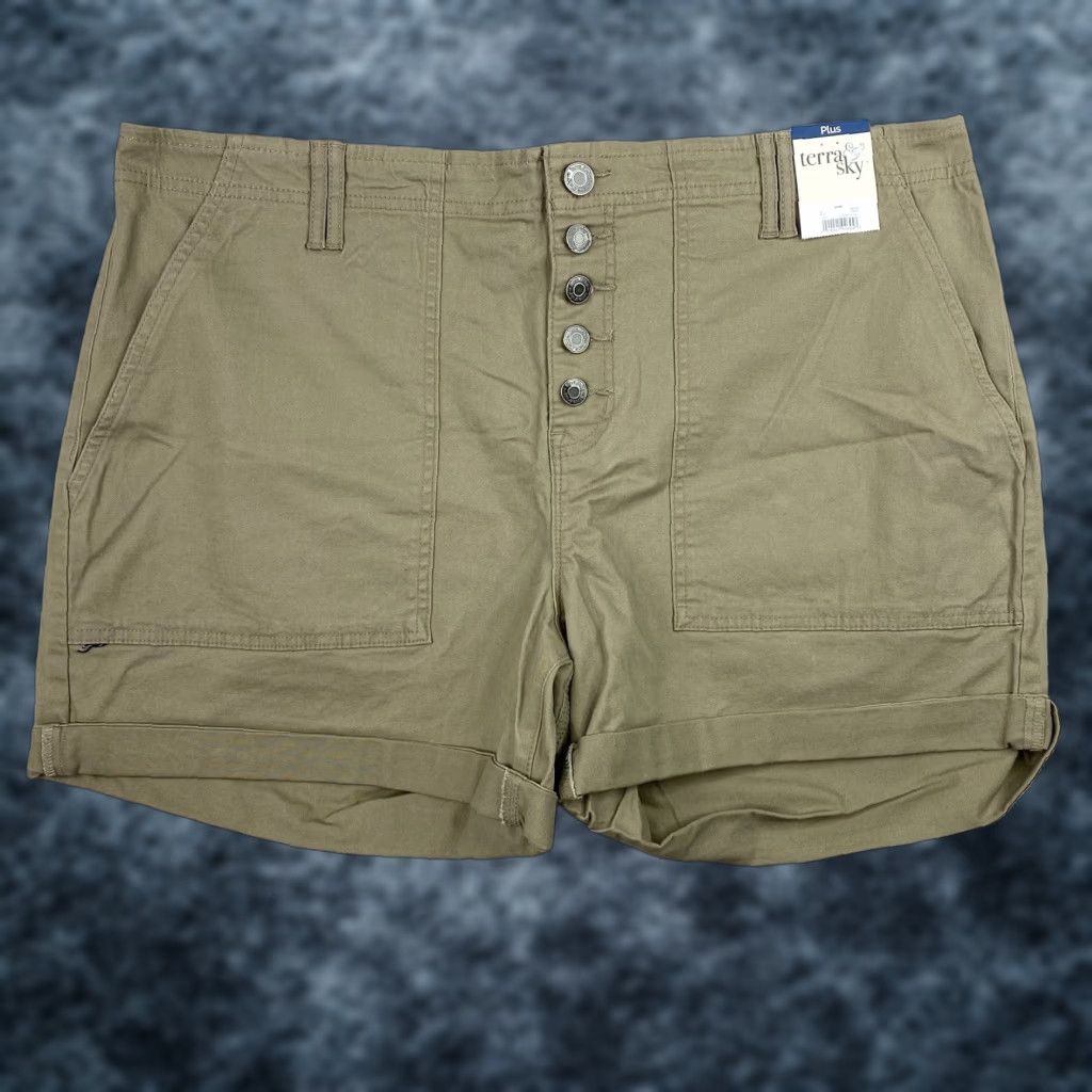 Vintage Terra & Sky Shorts Womens 18W Tan Button Up Cuffed Pockets Stretch Khaki NWT Size 40" / US 18 - 1 Thumbnail
