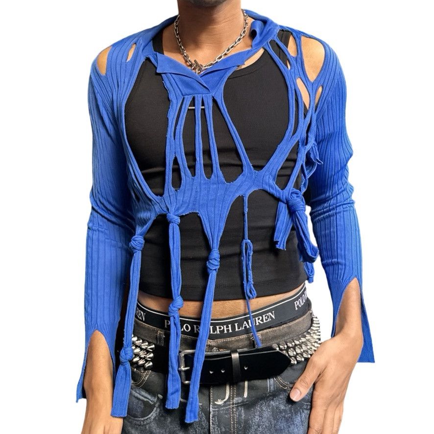 Other ASTROBOI* Blue Open Knit Ribbed Knotted Polo Sweater - Large Size US L / EU 52-54 / 3 - 1 Thumbnail
