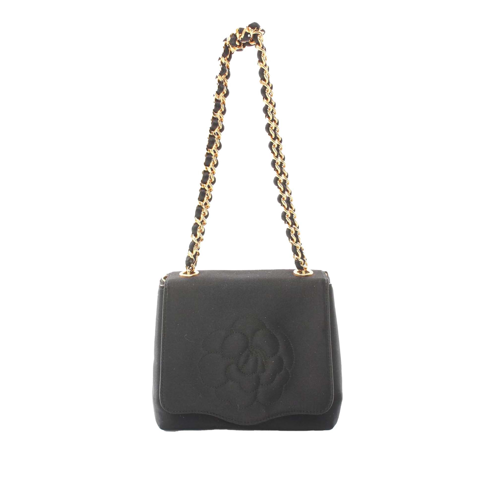 Chanel Satin Camelia Shoulder Bag in Black, Women's