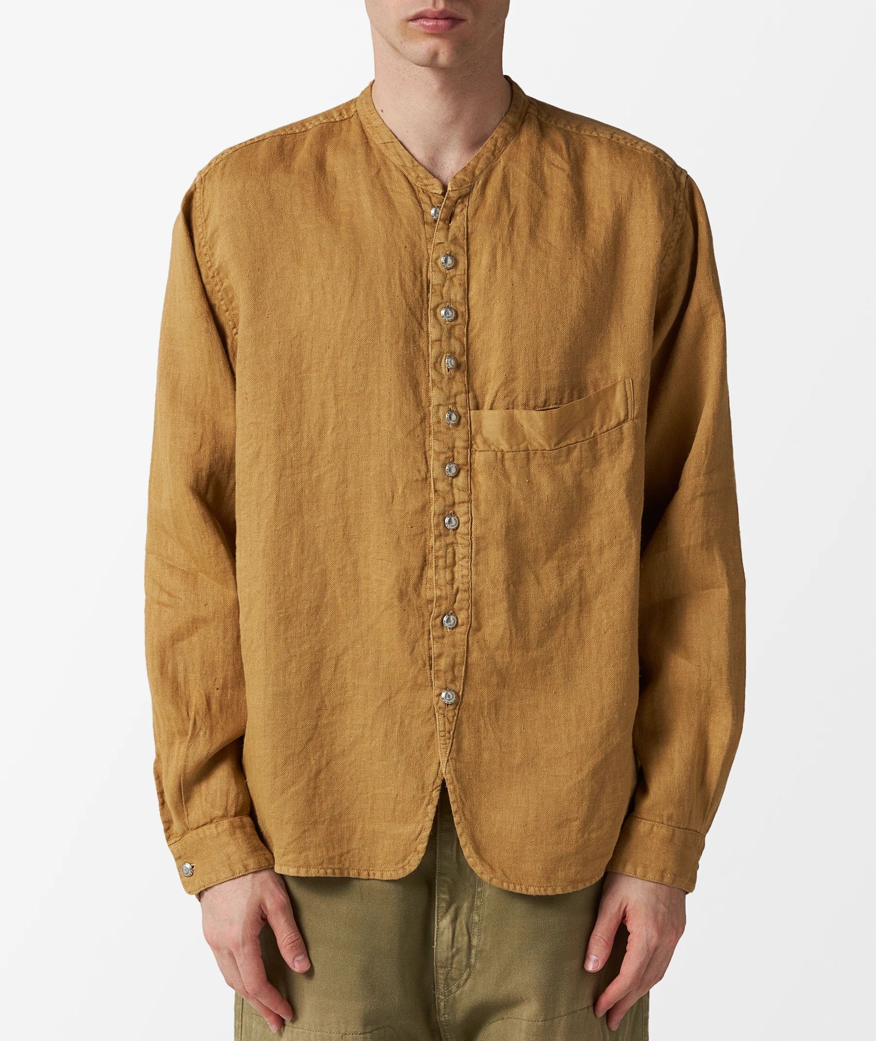 Kapital [2] Gauze Linen Herringbone Stand Penny Shirt in Gold (SS23) Size US M / EU 48-50 / 2 - 9 Thumbnail
