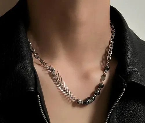 Jewelry Silver Chain Men's Necklace with Beaded and Leaf Design Size ONE SIZE - 1 Thumbnail