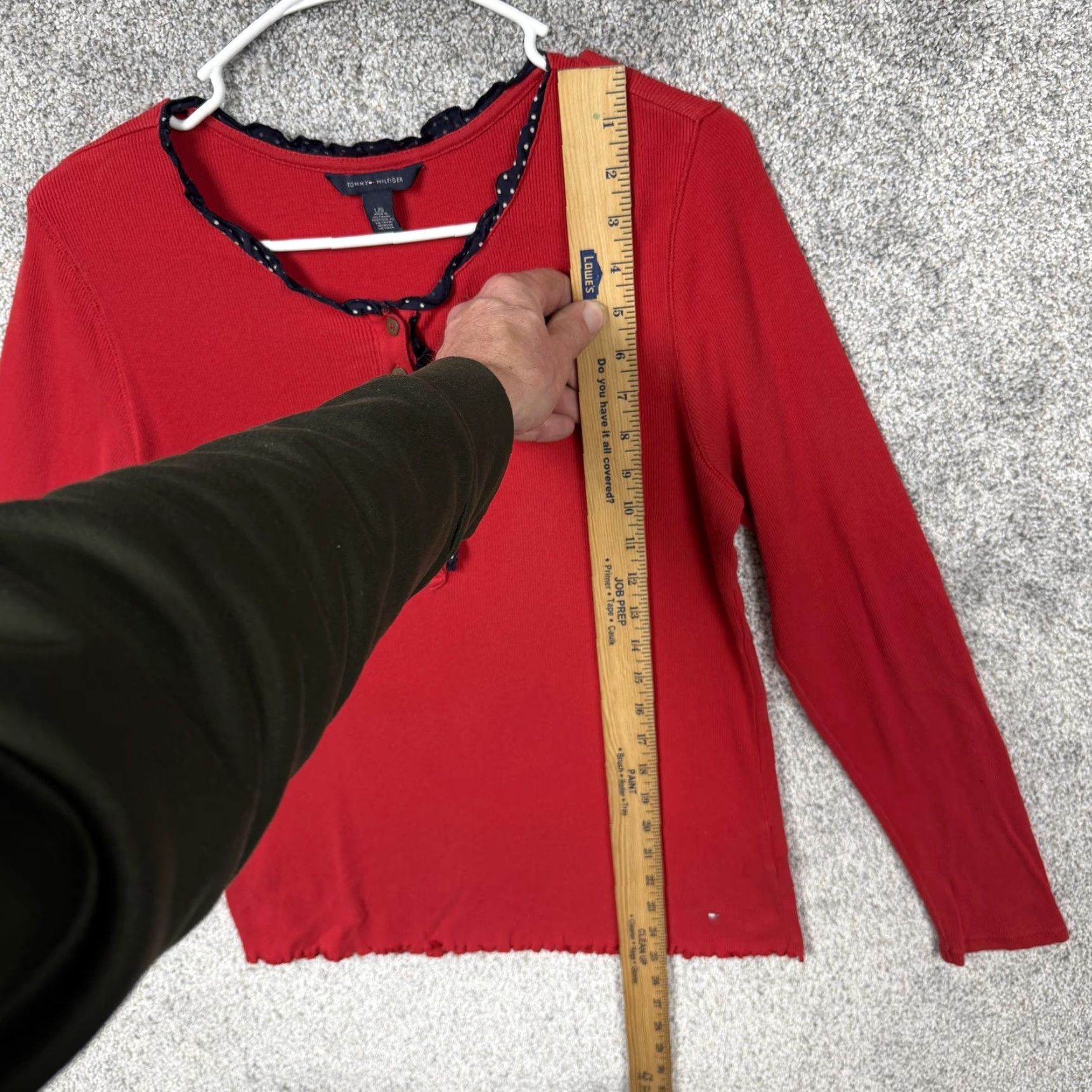 Tommy Hilfiger Tommy Hilfiger Top Womens Large Red Ribbed Lace Trim Henley Long Sleeve Preppy Size L / US 10 / IT 46 - 2 Thumbnail