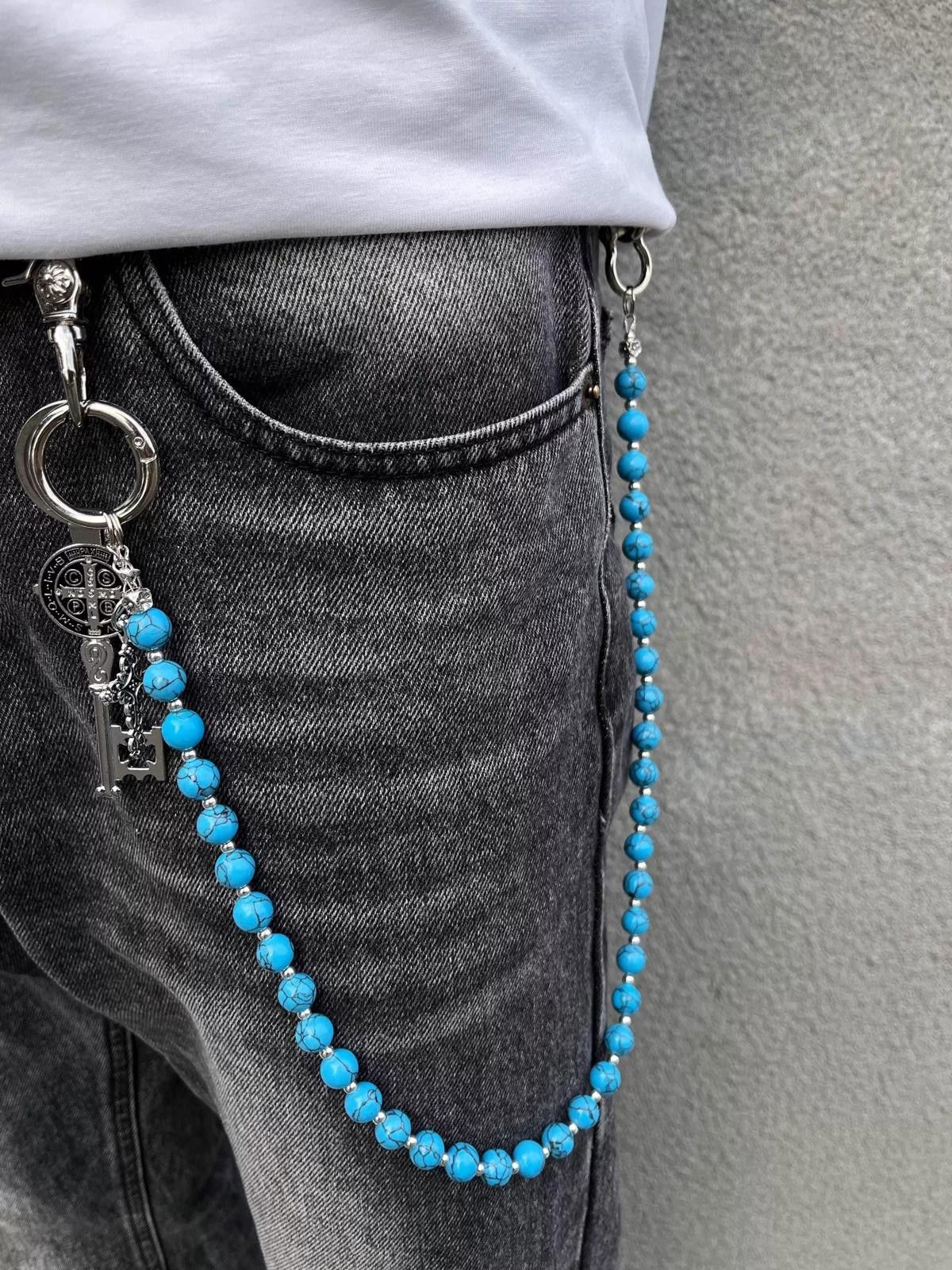 Jewelry Blue Cracked Stone Round Beads Wallet Chain , Jeans Chain Size ONE SIZE - 1 Thumbnail
