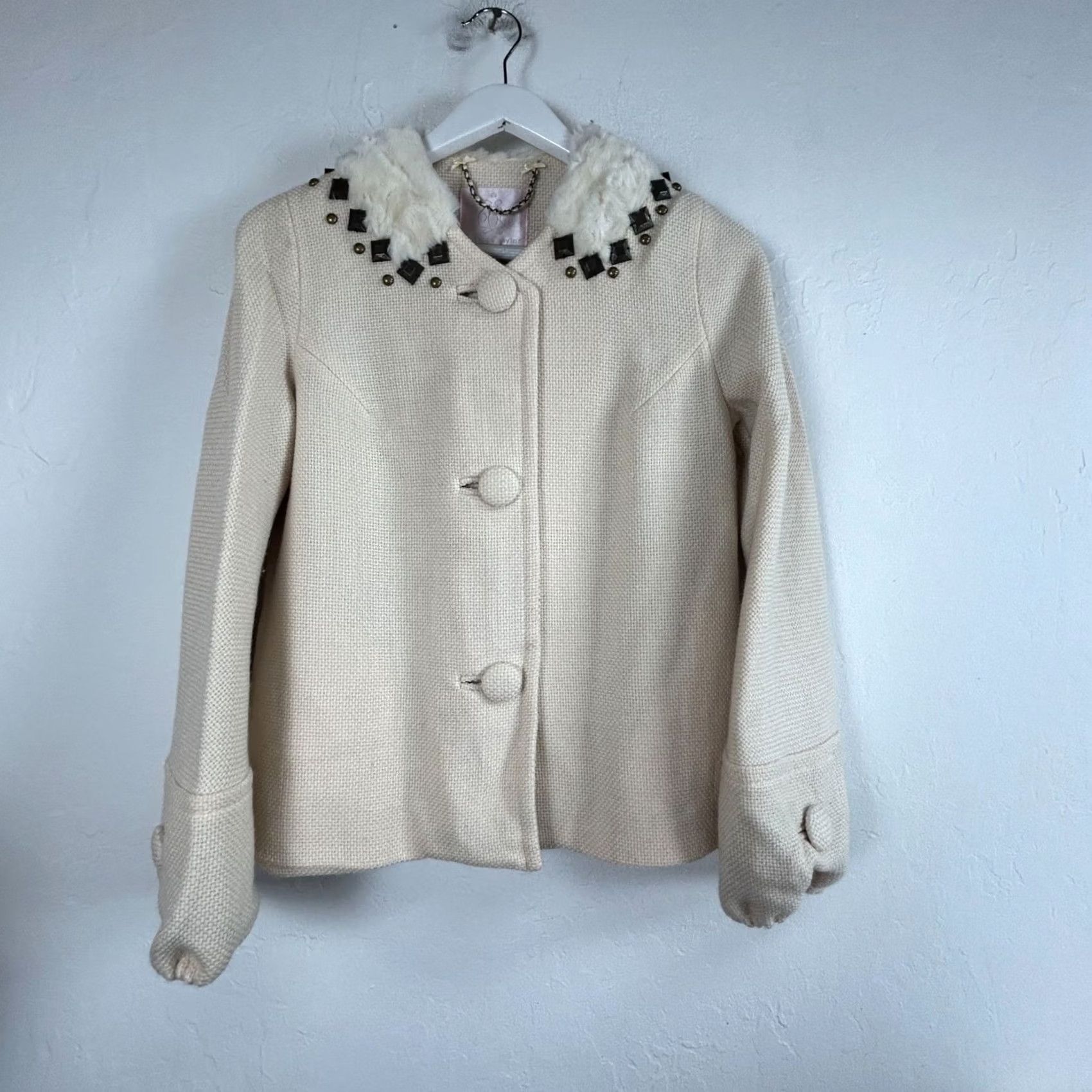 Rebecca Taylor Rebecca Taylor Womens Cream Wool Fur Collar Embellished Tweed Coat Jacket Size 6 Size M / US 6-8 / IT 42-44 - 2 Thumbnail