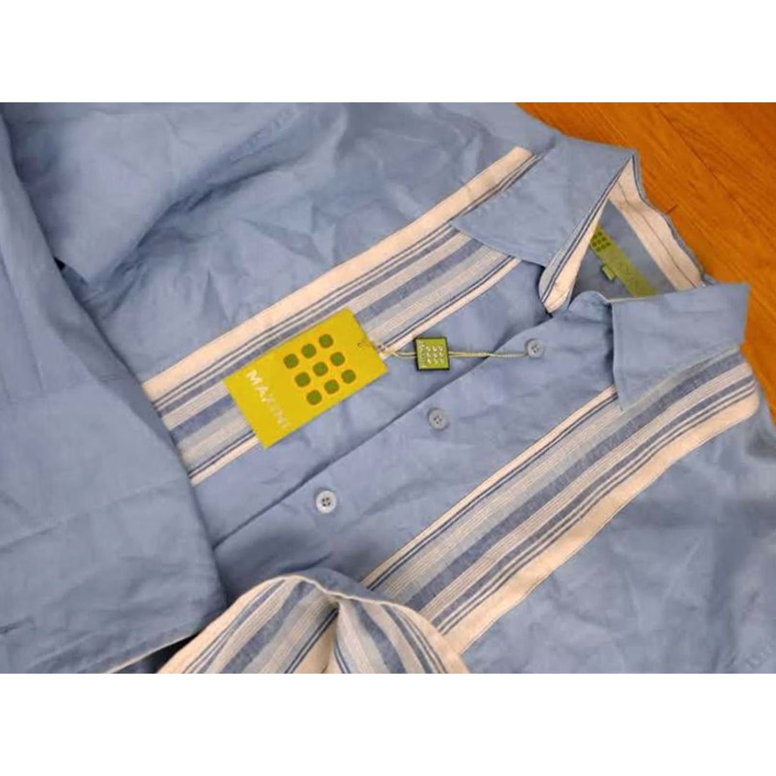 X-LARGE VINTAGE 100% Linen Full Button Lite Blue Long Stripe X-Large Shirt Maxini NWT Size US XL / EU 56 / 4 - 4 Thumbnail