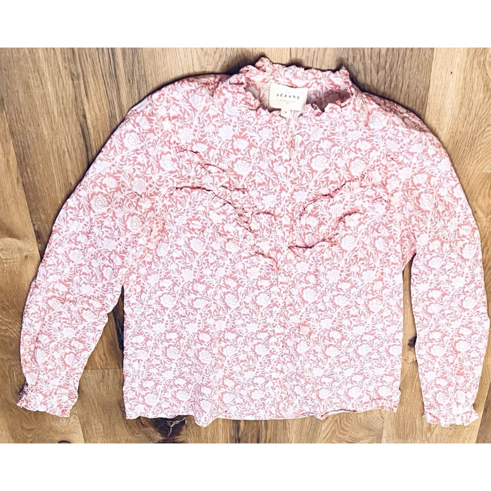 Pinko Sezane Blouse Pink White Floral Button Up Ruffle Long Sleeve 36 Women's Shirt Womens Blouse Floral Embroidery Colorful Size XS / US 0-2 / IT 36-38 - 2 Thumbnail