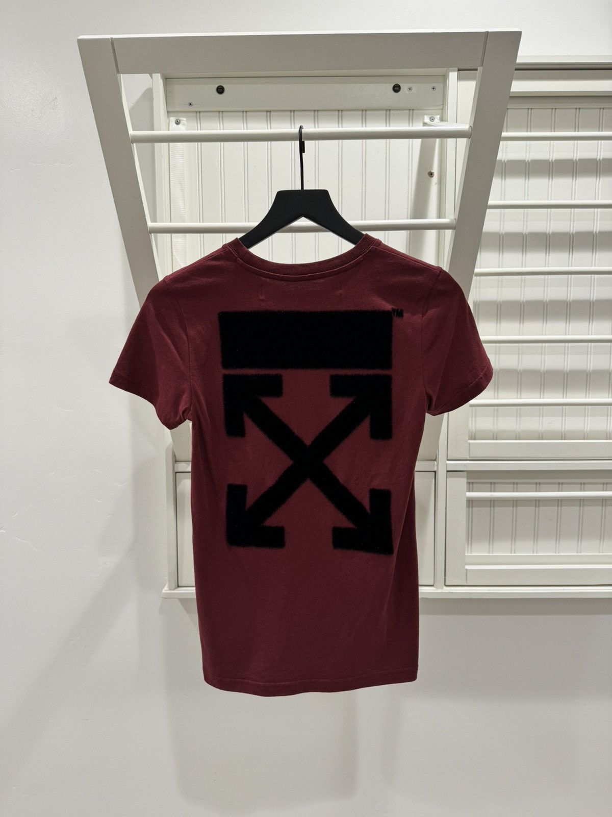 image of Off White Faux Fur Logo Tee in Burgundy, Women's (Size 2XS)