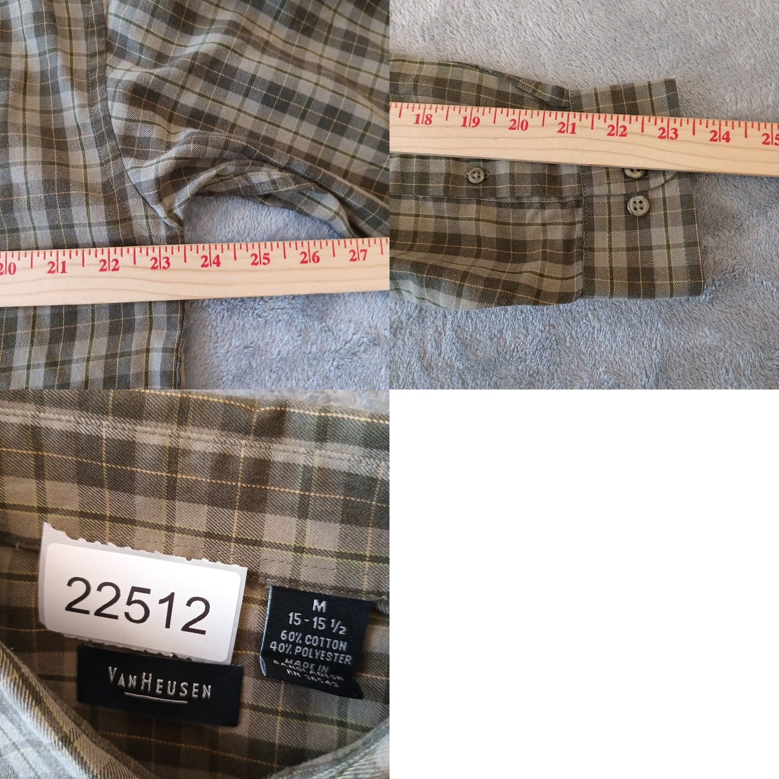 Van Heusen Van Heusen Mens Medium Green Plaid Cotton Blend Button Down Shirt Long Sleeve Size US M / EU 48-50 / 2 - 8 Thumbnail
