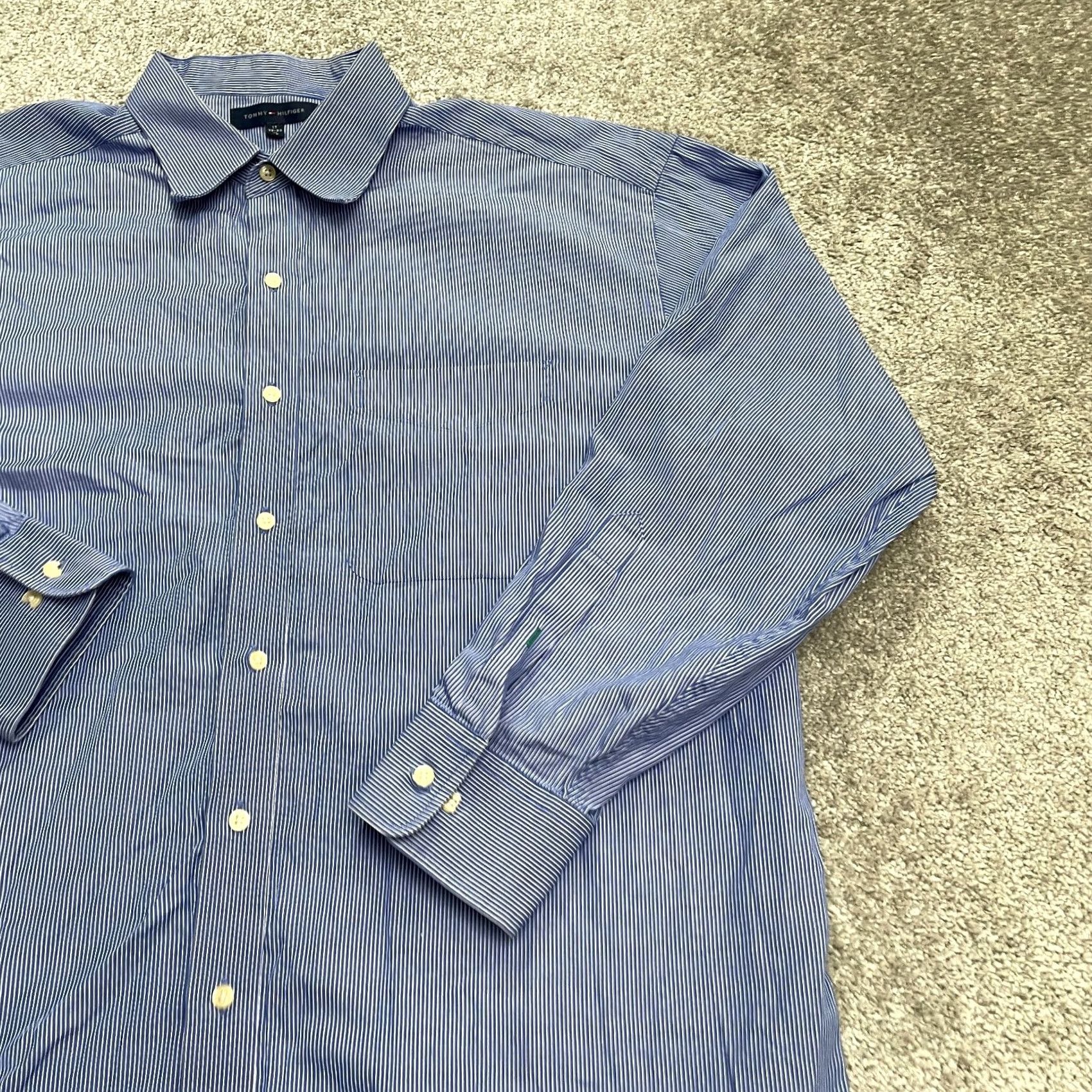 Tommy Hilfiger Tommy Hilfiger Dress Shirt Mens XXL Blue Pinstripe Cotton Button-Down 17 32-33/Long Sleeve, Regular Fit, Classic Workwear Size 46R - 4 Thumbnail