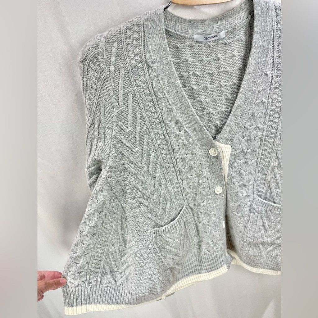 Other Discofriends Heathered Grey A-Line Cableknit Cardigan OS Size ONE SIZE - 4 Thumbnail
