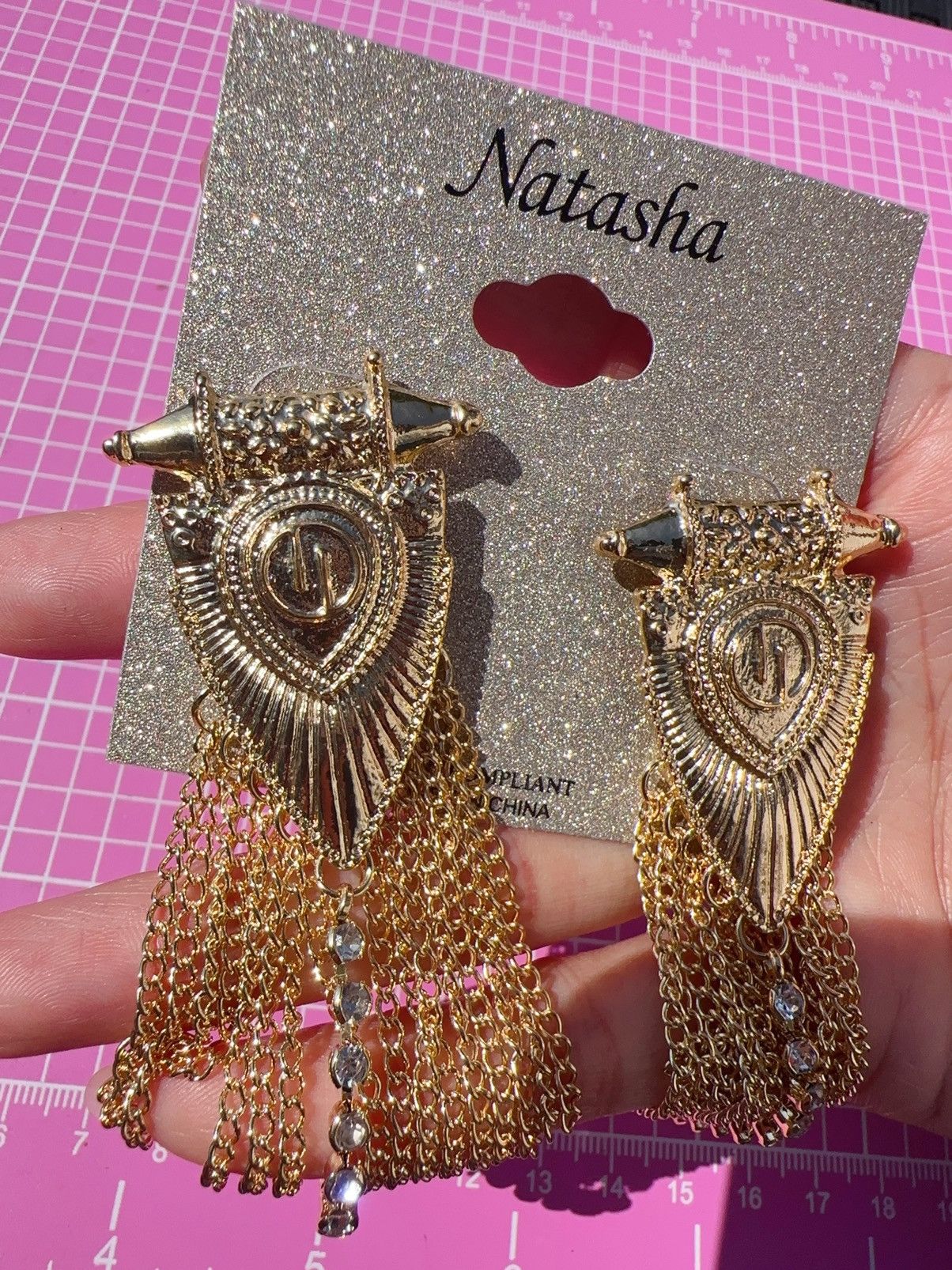 Designer Natasha gold tone arrow head tassels diamonds earrings Size ONE SIZE - 2 Thumbnail