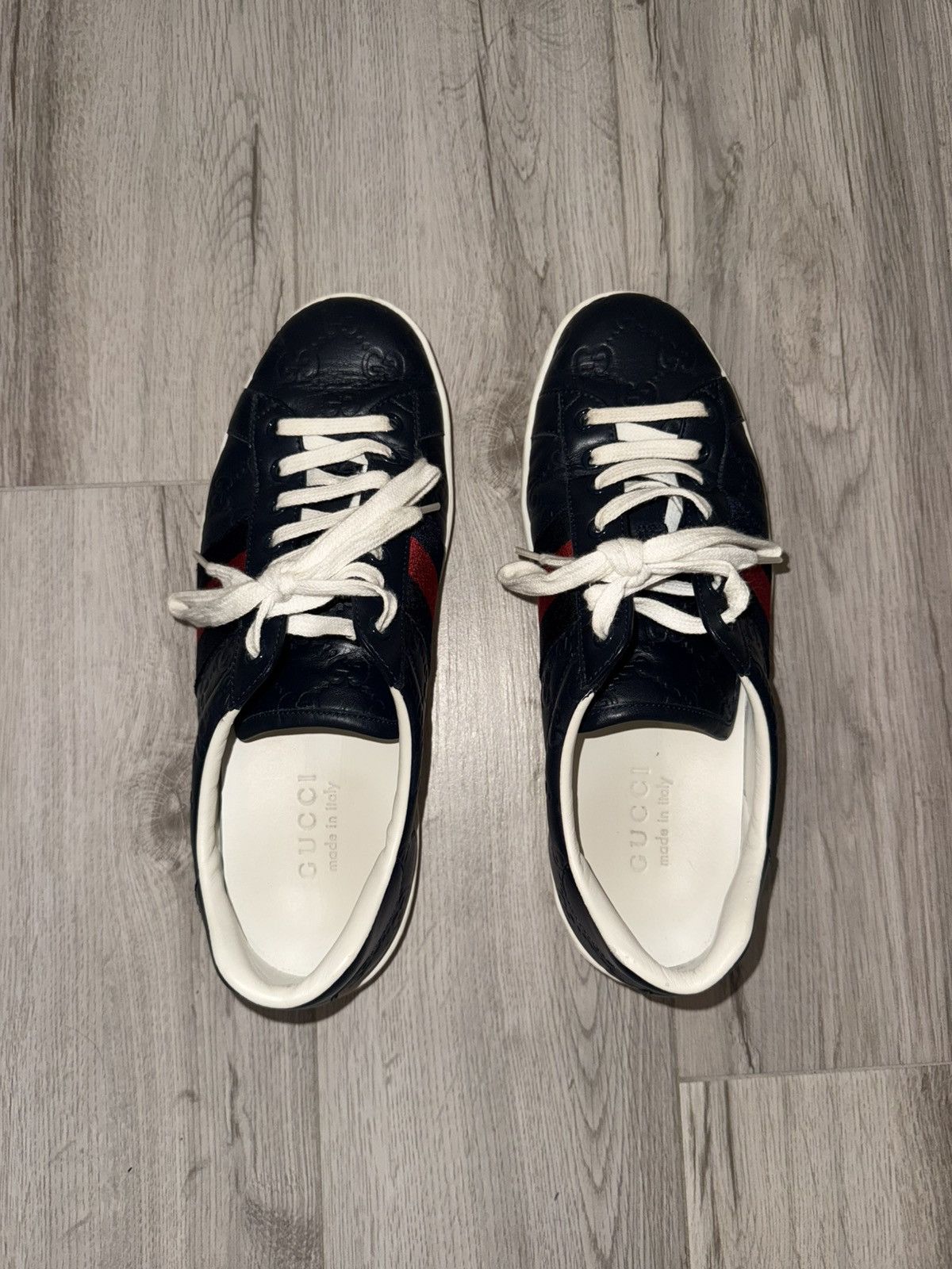 Gucci Gucci Dark Blue Guccissima Leather Ace Web Low Top Sneakers Size US 8.5 / EU 41-42 - 3 Thumbnail