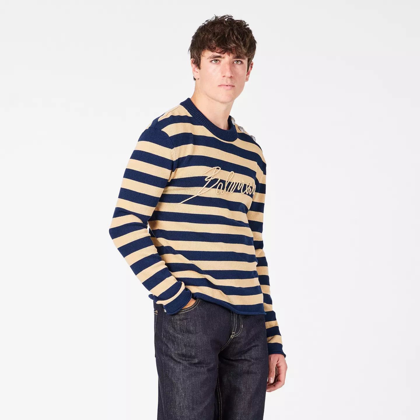 Balmain o1g2r1mq0426 Stripe Knit Crew Neck Jumper in Blue / Camel Size US S / EU 44-46 / 1 - 3 Thumbnail