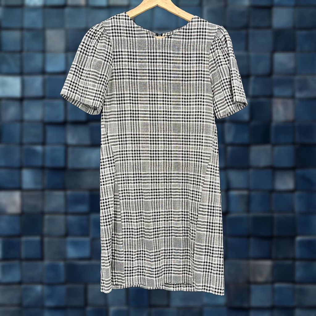 VINTAGE Zara puff sleeve mini dress black white plaid with gingham academia  cutesy XS