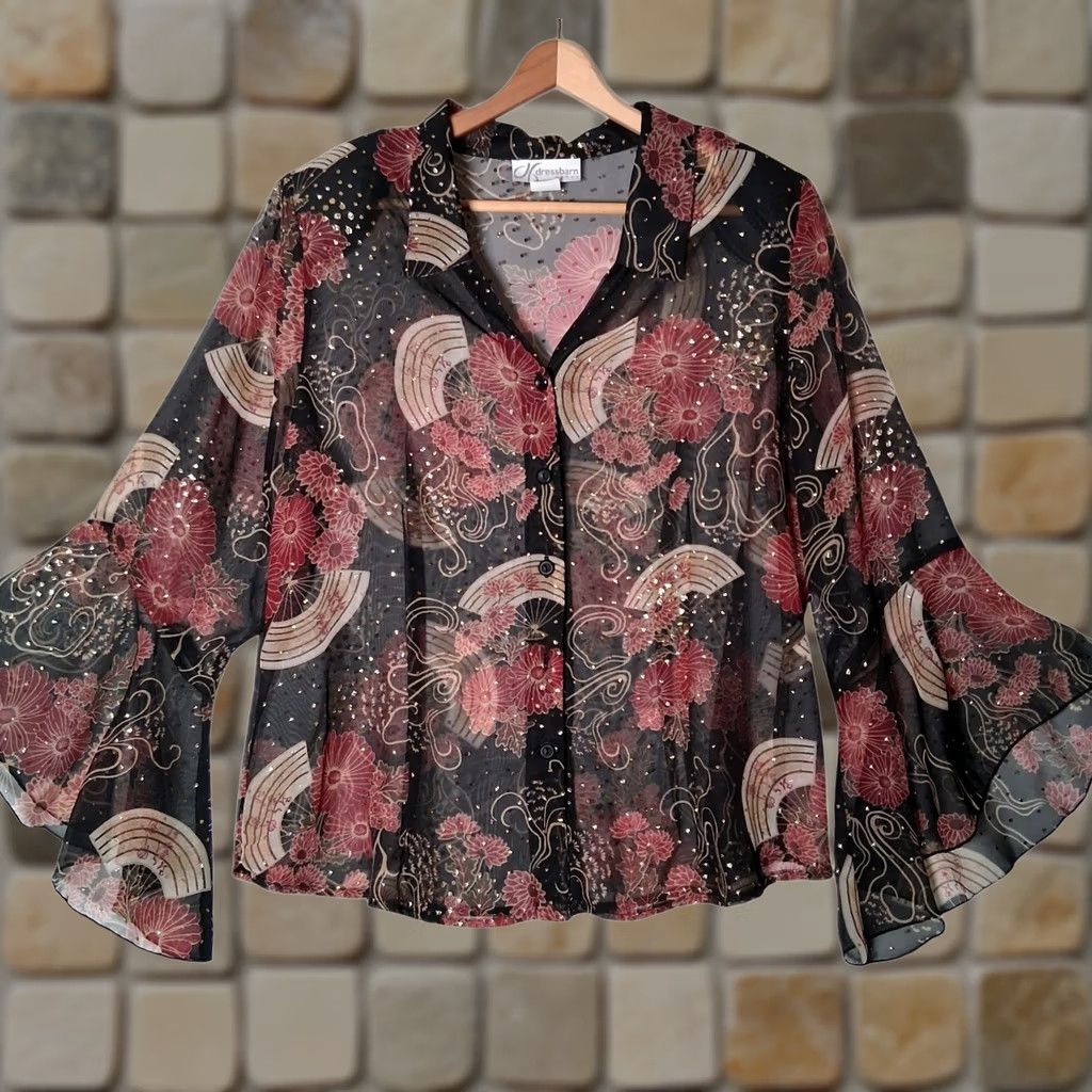 Vintage VINTAGE Dressbarn Blouse Plus Size 18/20 Sheer Black Metallic Gold Floral Bell Sleeve Peasant Bohemian Y2K Fashion Women Mens? Size XXL / US 16-18 / IT 52-54 - 1 Thumbnail