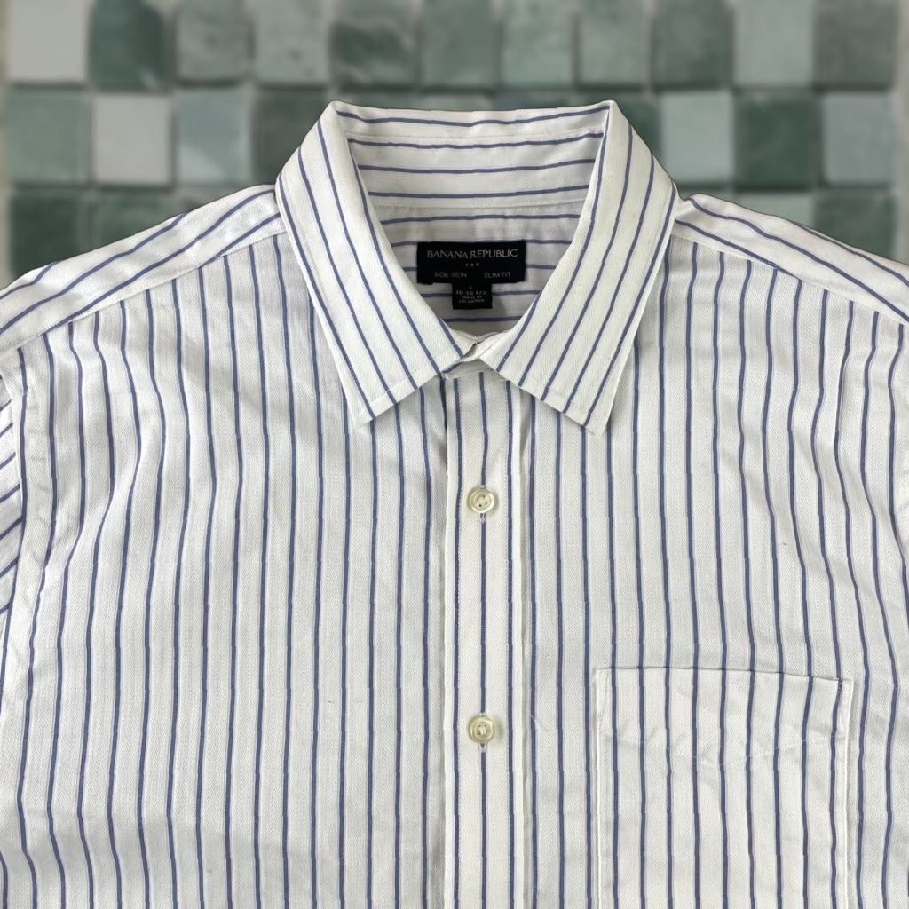 Banana Republic Banana Republic Shirt Men Large White Striped Non Iron Slim Fit Long Sleeve Size US L / EU 52-54 / 3 - 1 Thumbnail