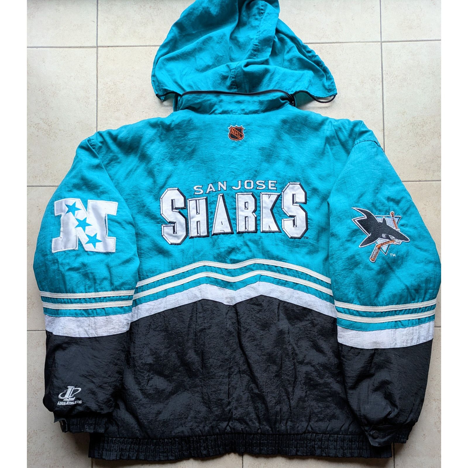 NHL × Starter San Jose Sharks 90s puffer jacket Spellout XL teal NHL vtg Size US XL / EU 56 / 4 - 3 Thumbnail
