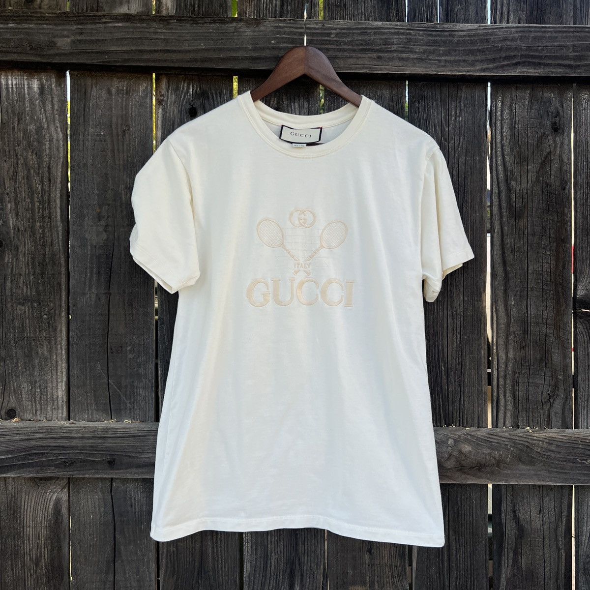 image of Gucci Embroidered Tennis Tee in Cream, Men's (Size XS)