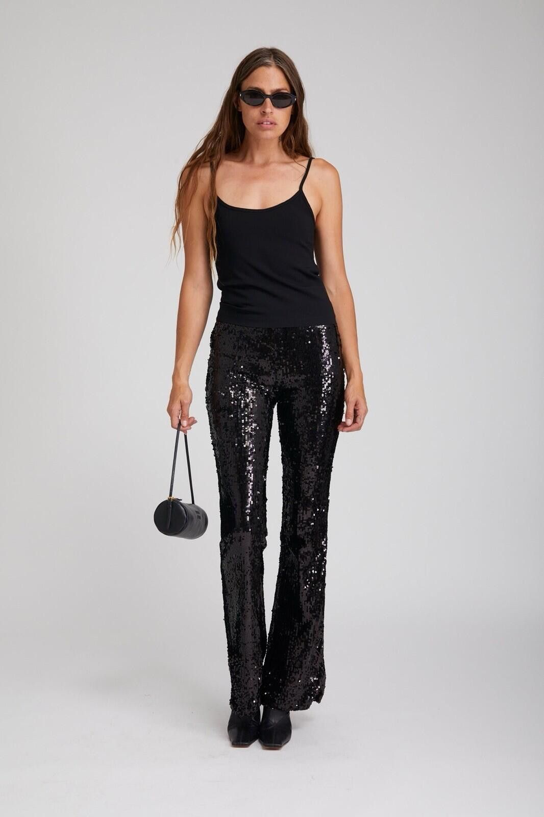 The Unbranded Brand Black Sequin Flare Pants Stretch High Rise Glam Womens Sz L Size 36" / US 14 / IT 50 - 3 Thumbnail