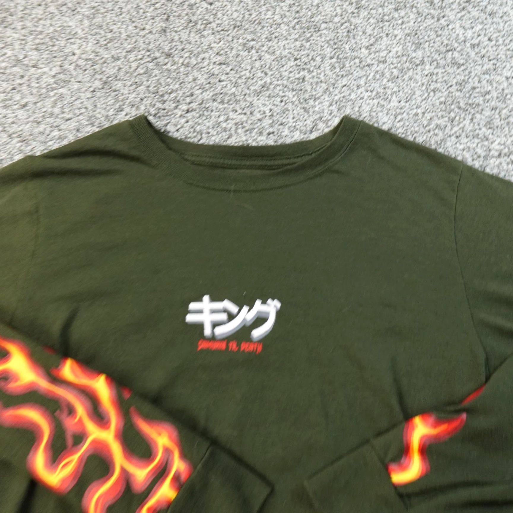 Vintage Samurai Shirt Mens S Green Skull Flames Long Sleeve Graphic Tee Grunge Y2K Shirt Mens S Green Skull Flames Long Sleeve Graphic Tee Size US S / EU 44-46 / 1 - 5 Thumbnail