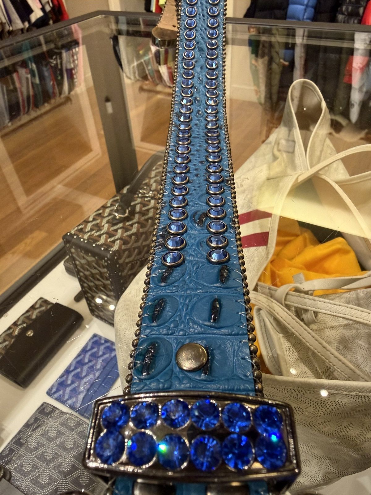 B.B. Simon B.B. Simon Khayyam 7 Blue Swarovski Crystal Leather Belt Size 32 - 4 Thumbnail