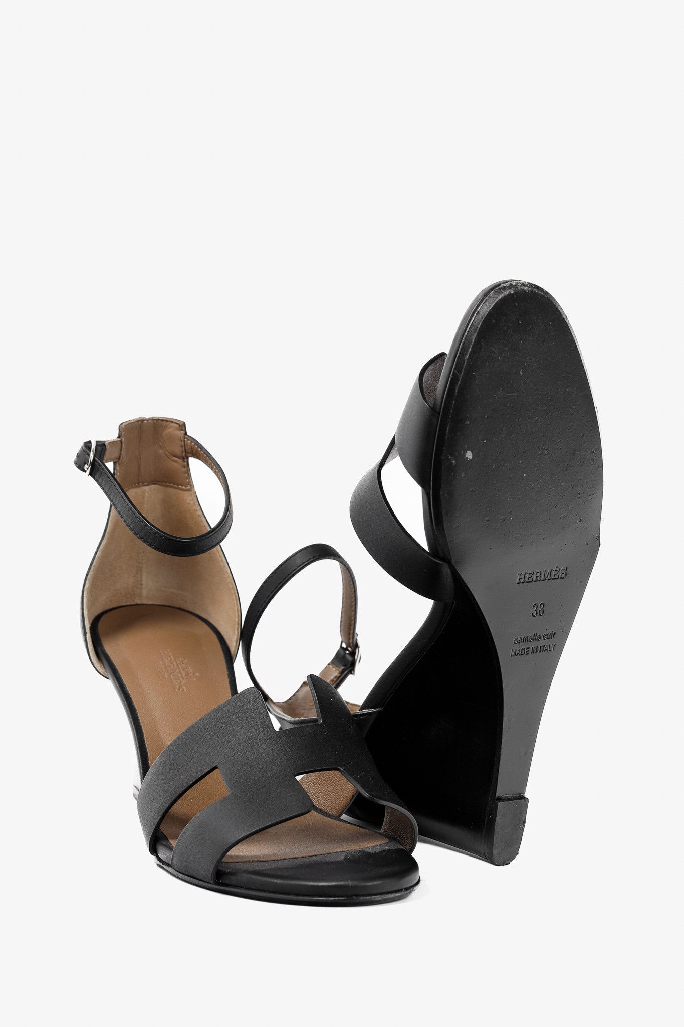 Hermes Hermes Legend Noir Calfskin "H" Wedge Sandals Size US 7.5 / IT 37.5 - 4 Thumbnail