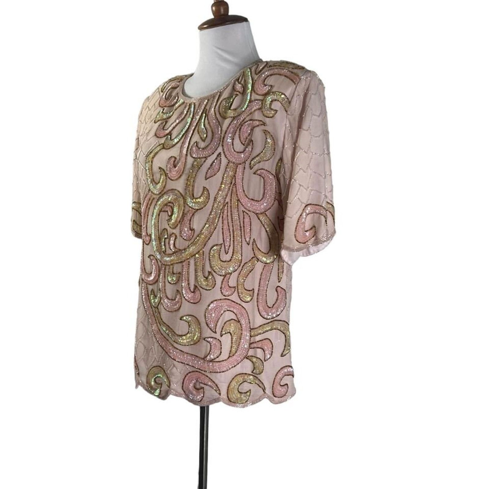 & Other Stories Vintage 80s Rina Z Pink Sequined Blouse Top L Size L / US 10 / IT 46 - 5 Thumbnail