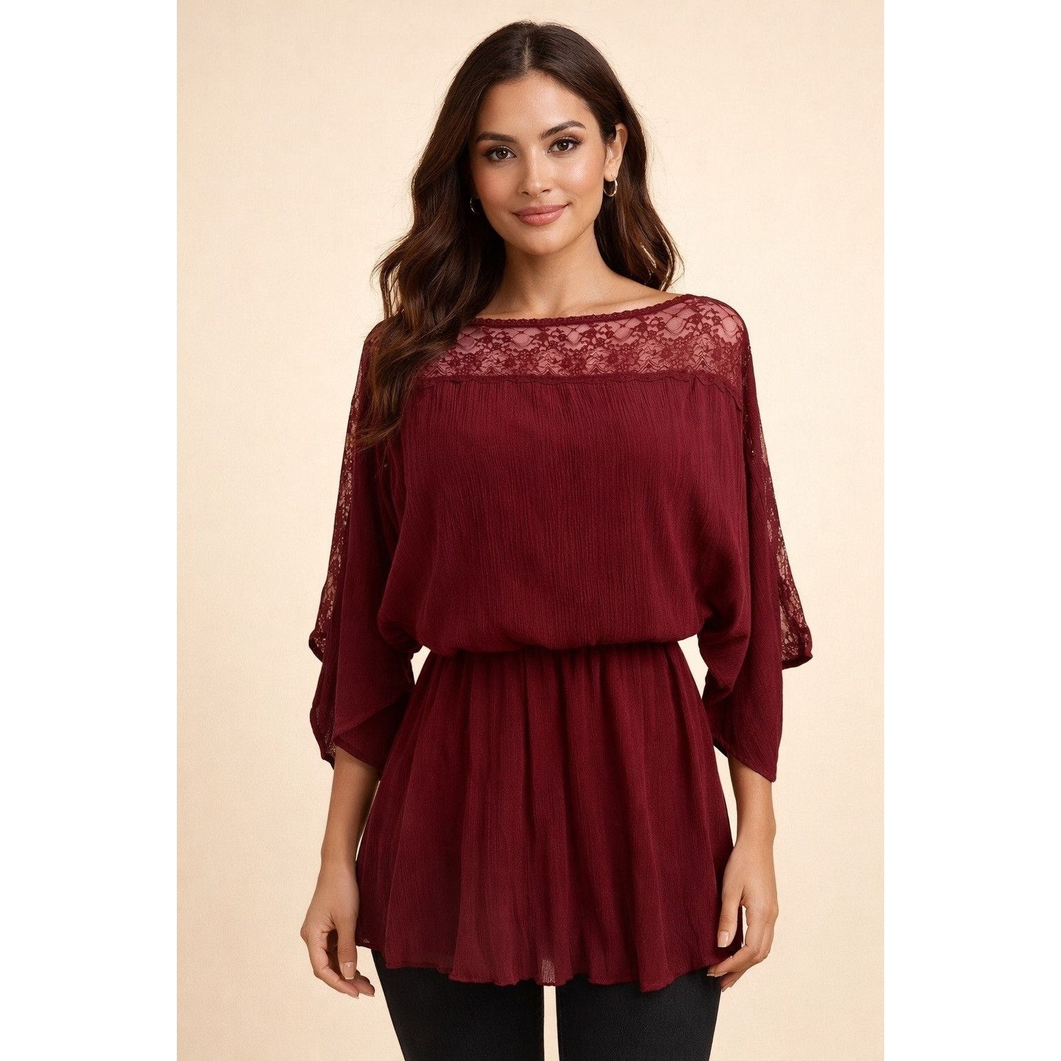 Free People VTG Free People Dark Cherry Lace Trim Crepe Top | Boho Dark Size S / US 4 / IT 40 - 1 Thumbnail
