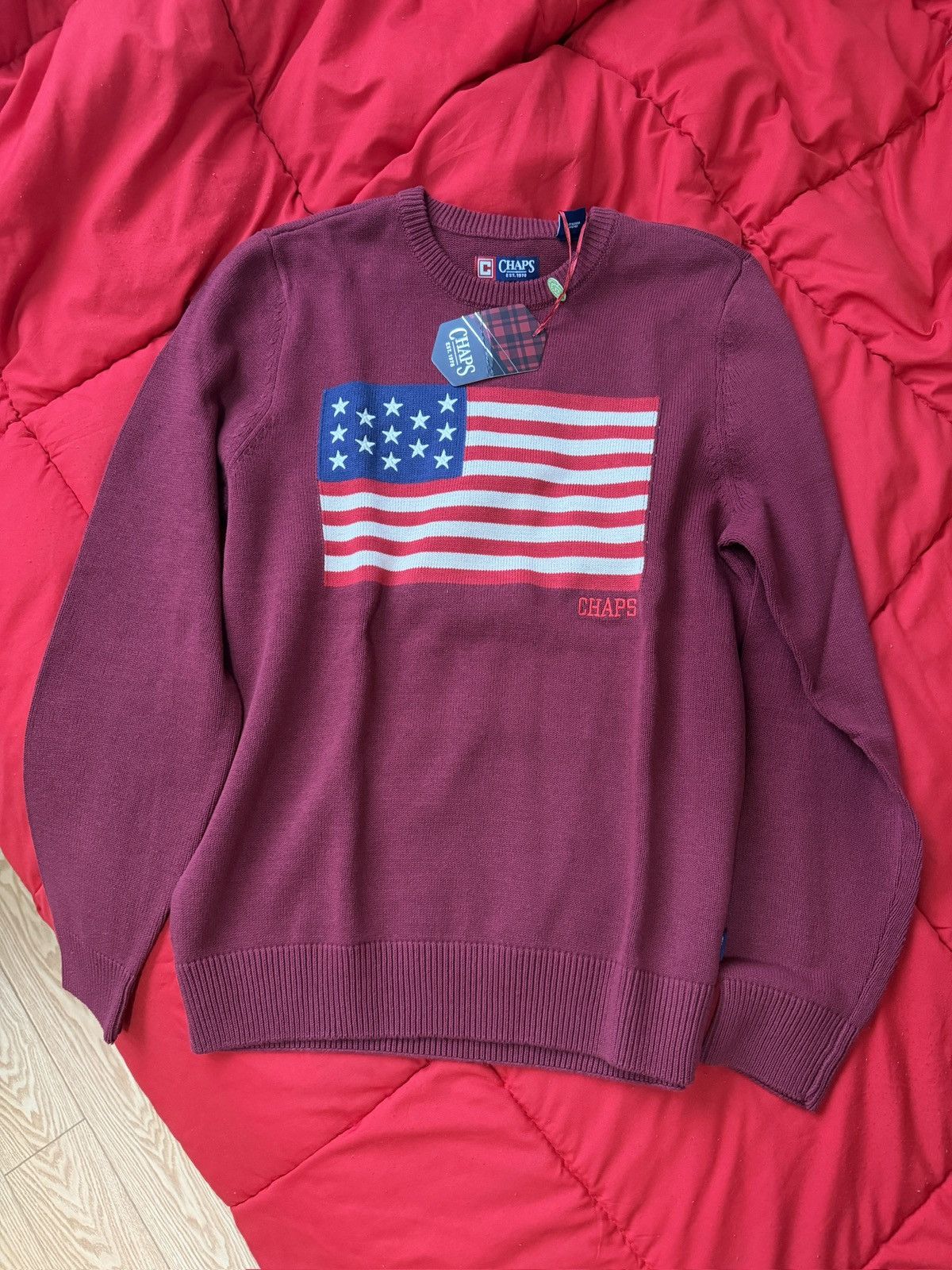 Chaps Chaps Men's Burgundy Crewneck Sweater with American Flag Size US M / EU 48-50 / 2 - 1 Thumbnail
