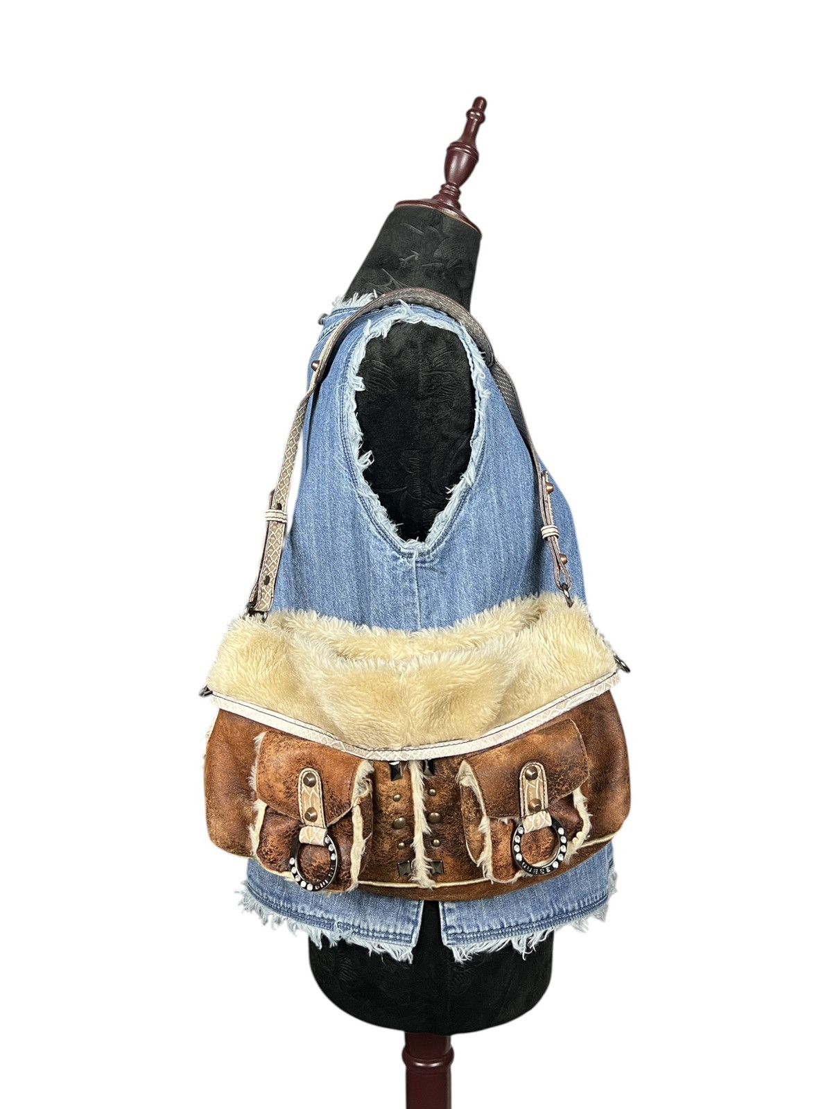 Y2K Guess Vegan Leather Faux Fur Shoulder Bag