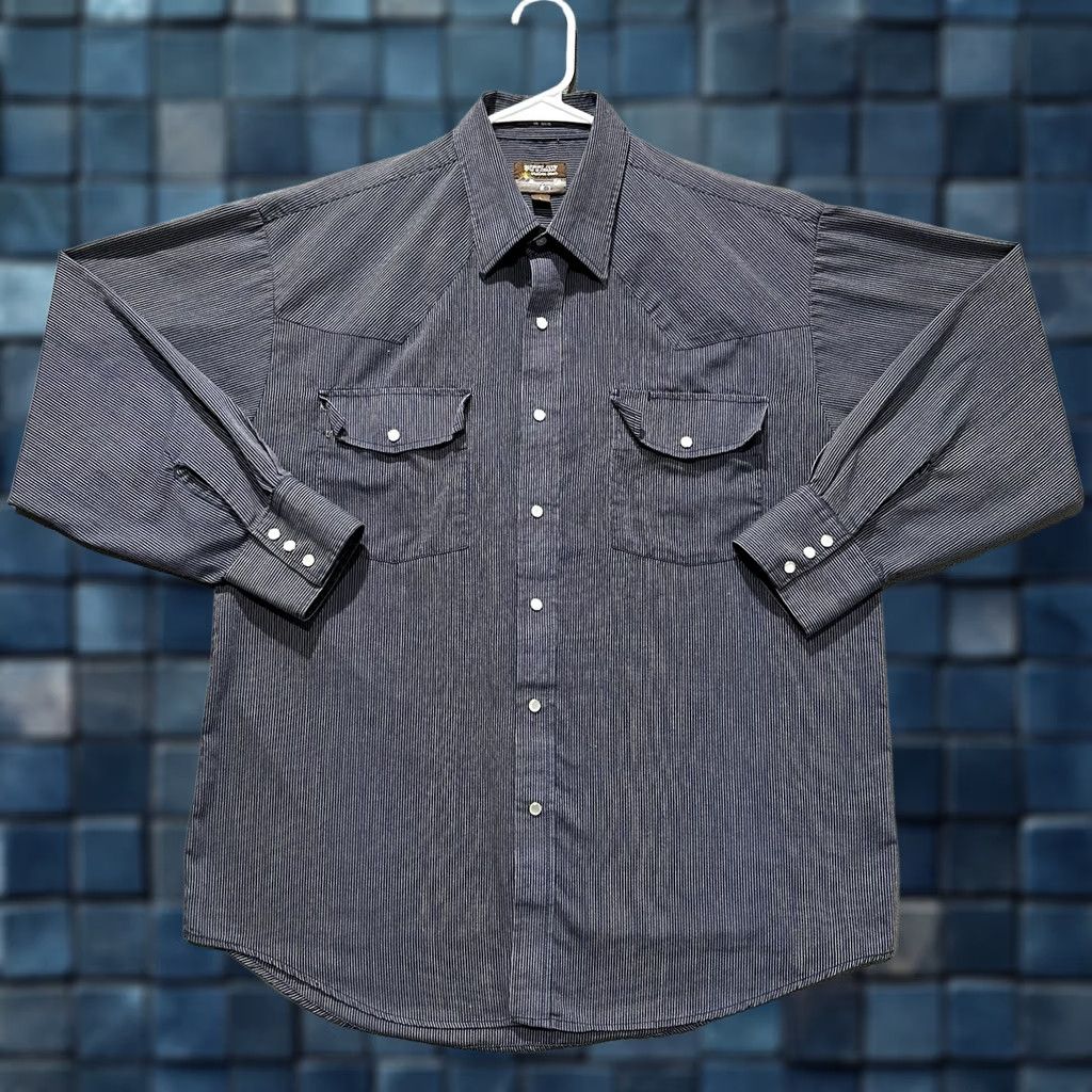 Vintage VINTAGE Outlaw Western Wear Shirt Mens L Blue Striped Pearl Snap Cowboy EUC Size US L / EU 52-54 / 3 - 1 Thumbnail