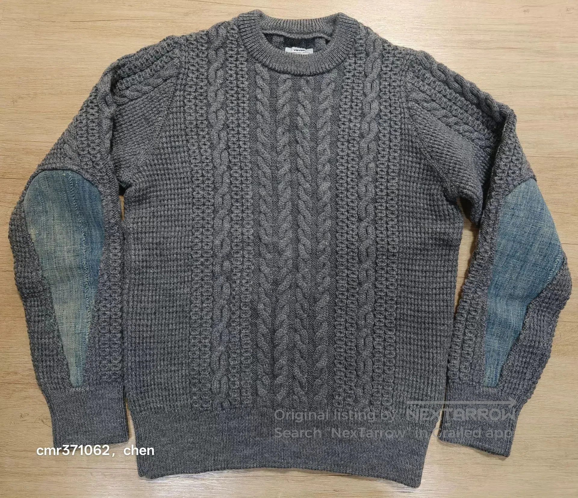 Visvim Gray Cable Knit Sweater w/ Denim Elbow Patches (M). Size US M / EU 48-50 / 2 - 1 Thumbnail