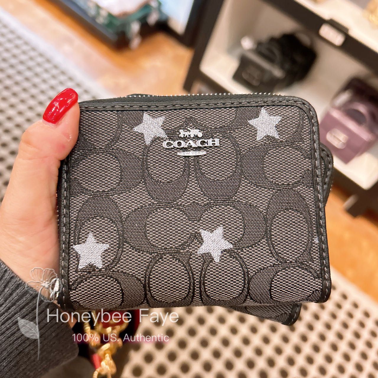 image of Coach Small Zip Around Wallet With Star Embroidery in Black, Women's