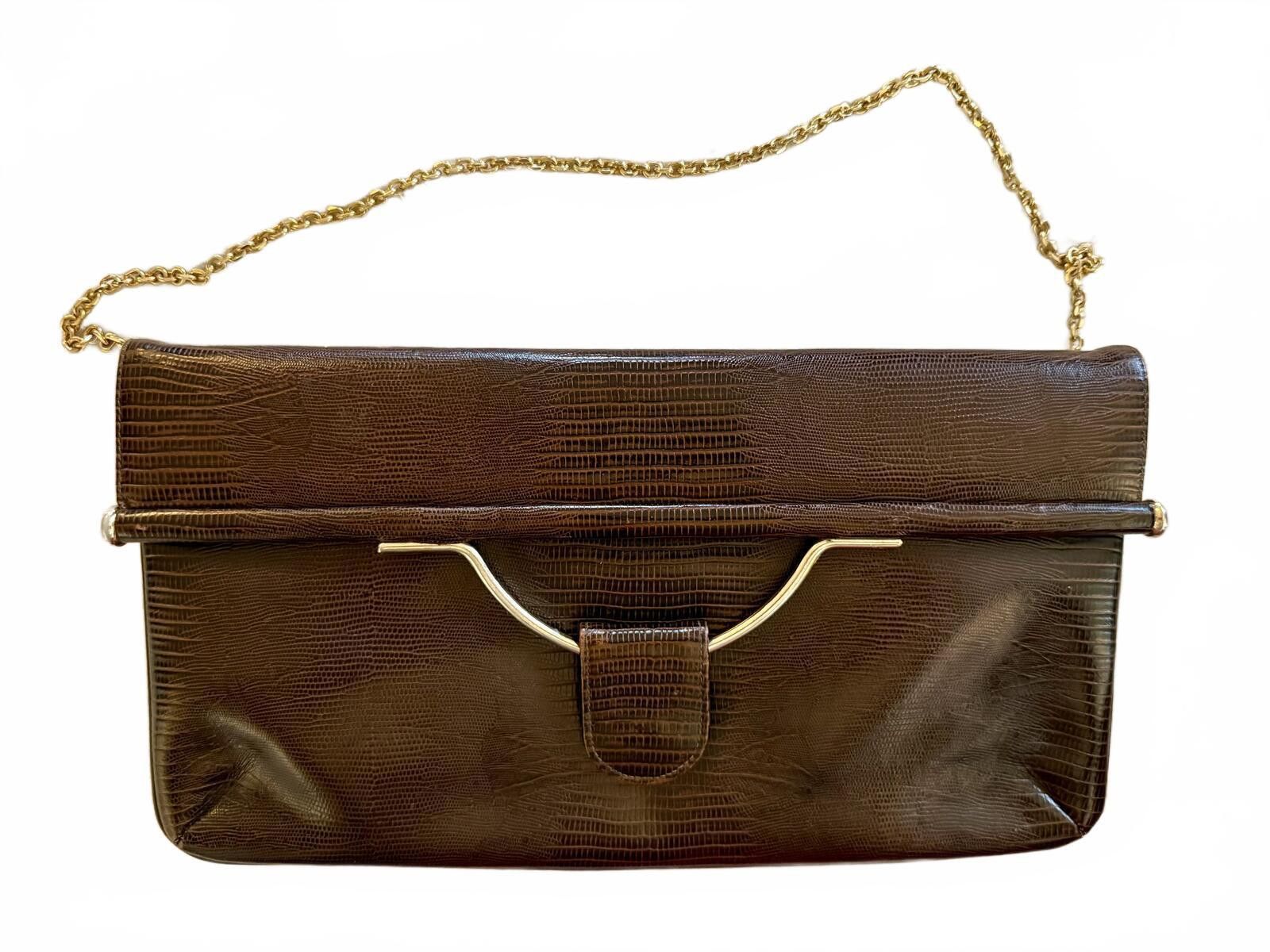 Unknown London Caprice Vintage Brown Lizard Skin Embossed Clutch Gold Strap Size ONE SIZE - 1 Thumbnail