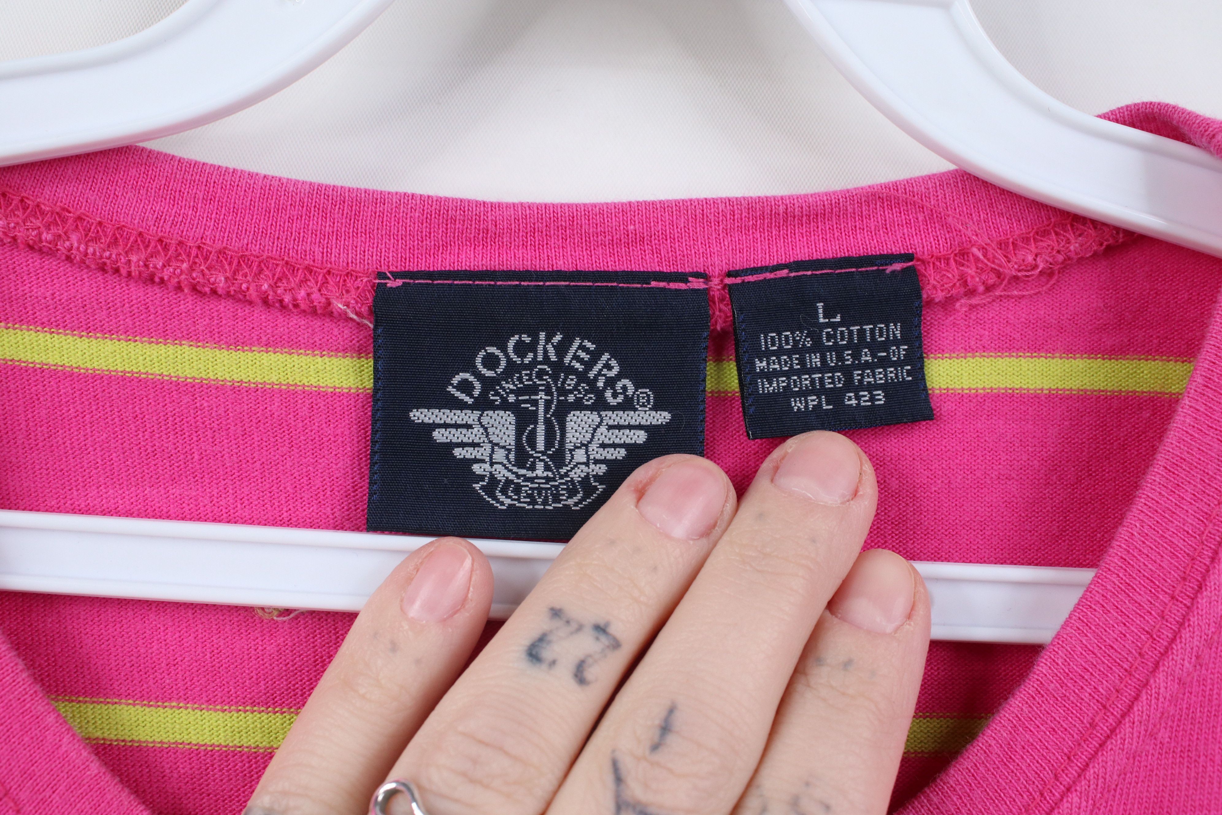 Dockers Vintage 90s Dockers Levi's Striped Pocket T-Shirt Pink USA Size L / US 10 / IT 46 - 7 Thumbnail
